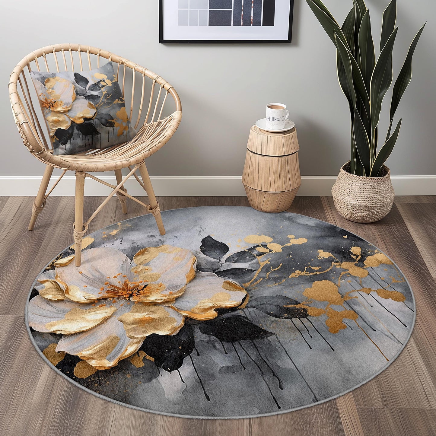 Eleganter runder Teppich mit Blumenmuster, moderner Teppich mit Blumendesign, weicher Wohnteppich für Wohnzimmer, Schlafzimmer und Büro