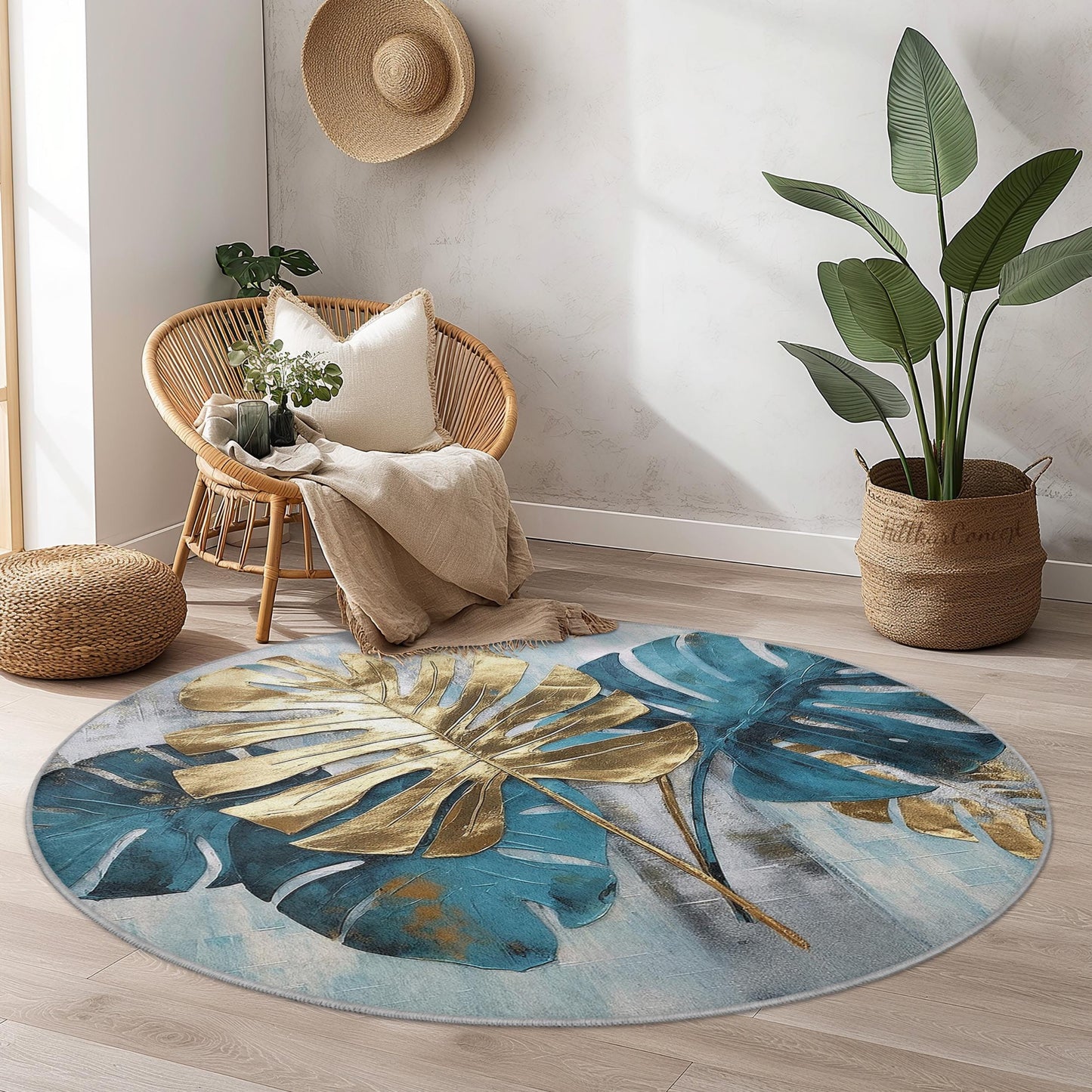 Runder Teppich mit tropischen Monstera-Blättern, Goldblatt-Design, Teppich im Bohème-Stil für Wohnzimmer, Wohnaccessoires, weiche Bodenmatte