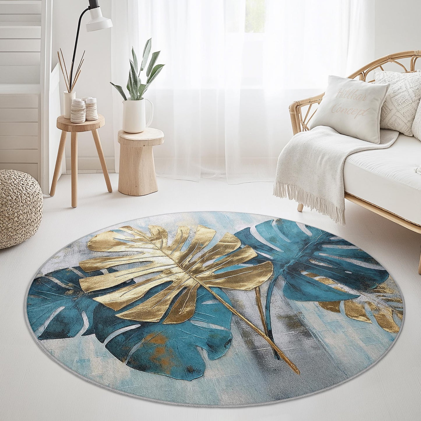 Tropical Monstera Leaves Round Area Rug, Gold Leaf Design, Bohemian Style Carpet for Living Room, Home Decor, Soft Floor Mat
