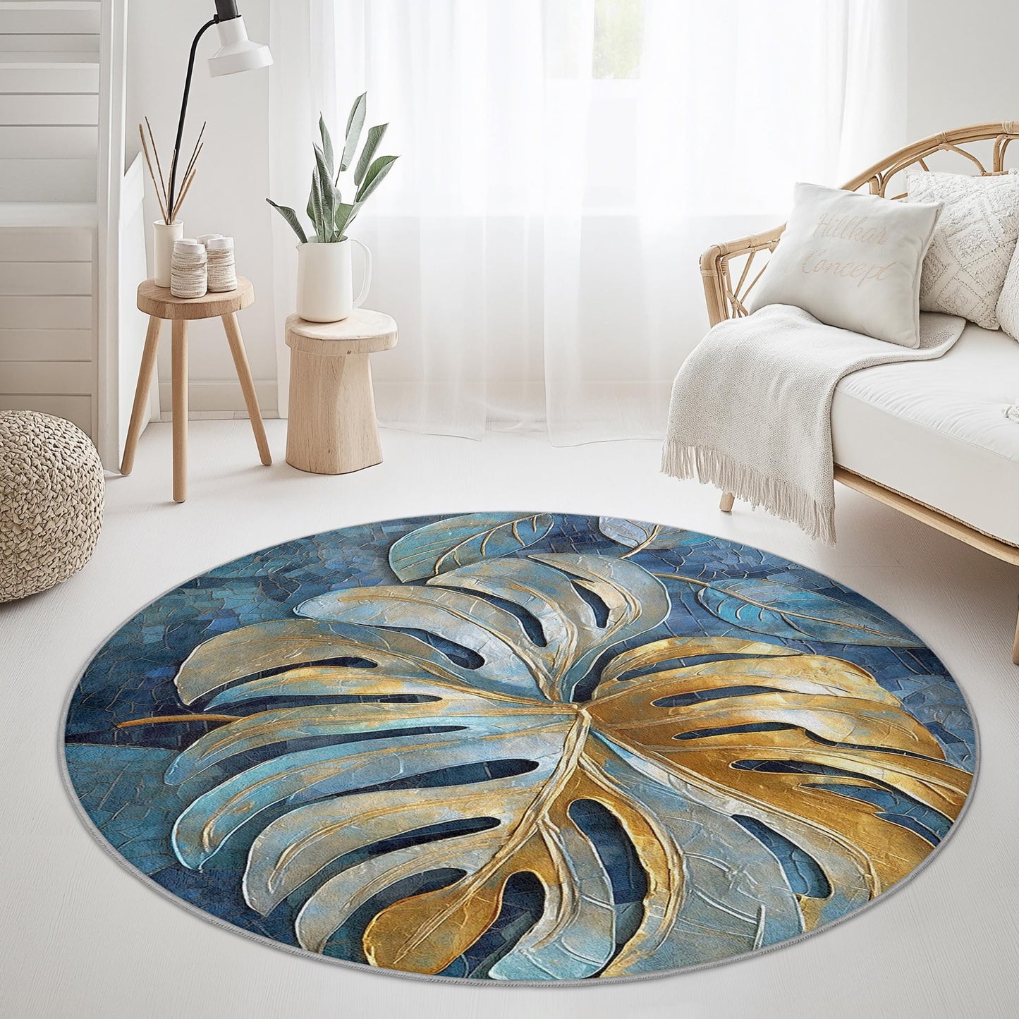 Runder Teppich mit tropischem Blättermuster, Monstera-Blattdesign, eleganter runder Teppich für das Wohnzimmer, Boho-Stil, weicher runder Teppich