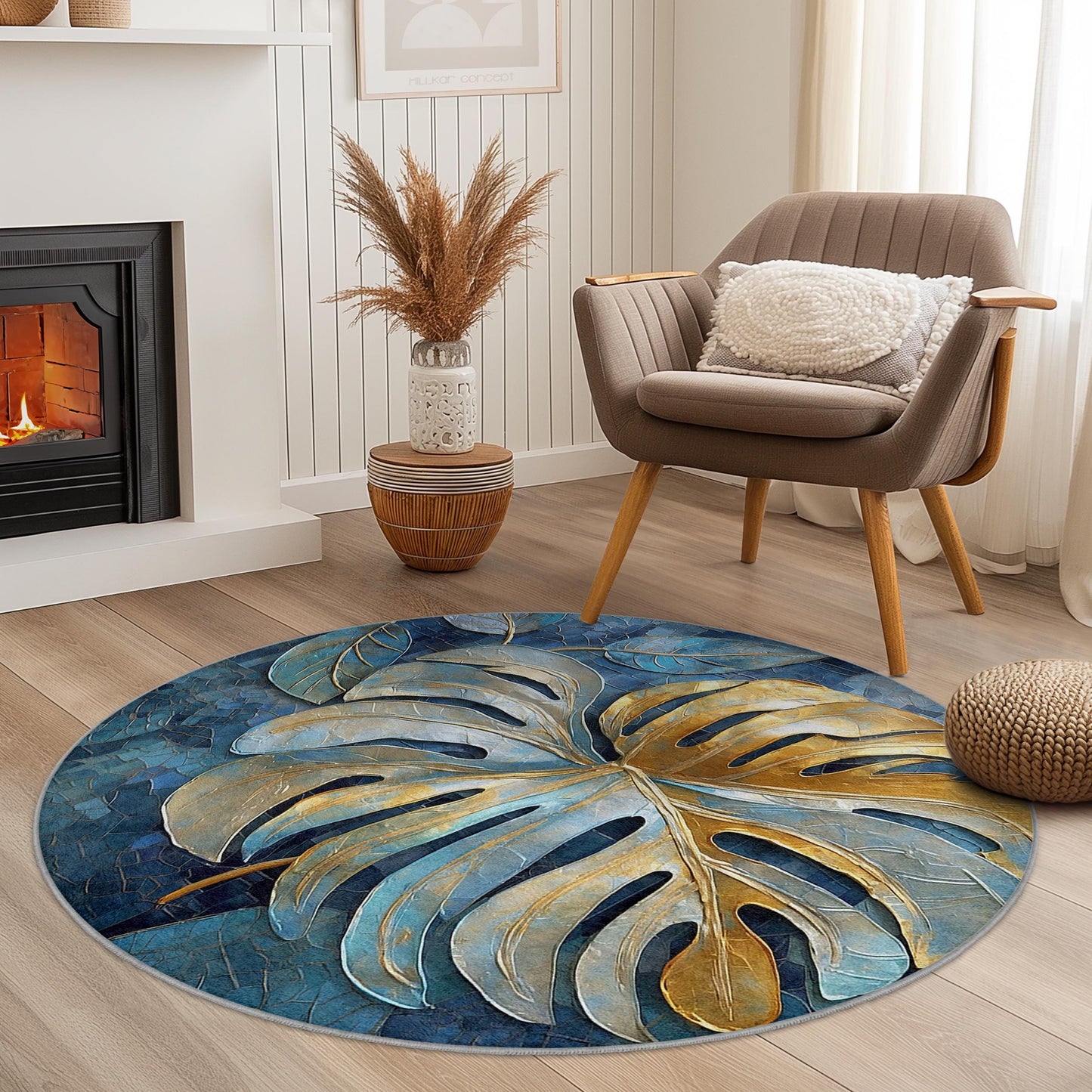Runder Teppich mit tropischem Blättermuster, Monstera-Blattdesign, eleganter runder Teppich für das Wohnzimmer, Boho-Stil, weicher runder Teppich
