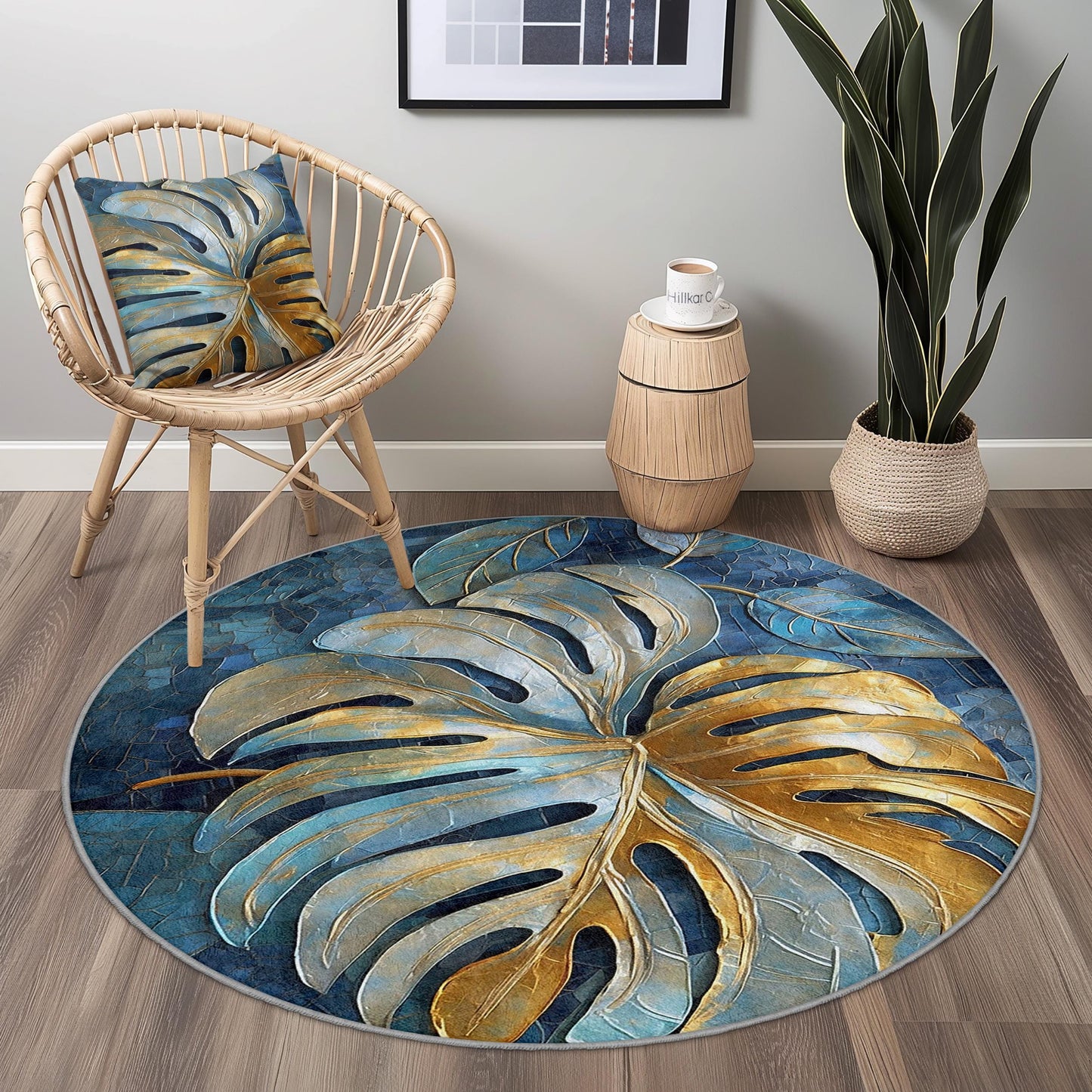 Runder Teppich mit tropischem Blättermuster, Monstera-Blattdesign, eleganter runder Teppich für das Wohnzimmer, Boho-Stil, weicher runder Teppich