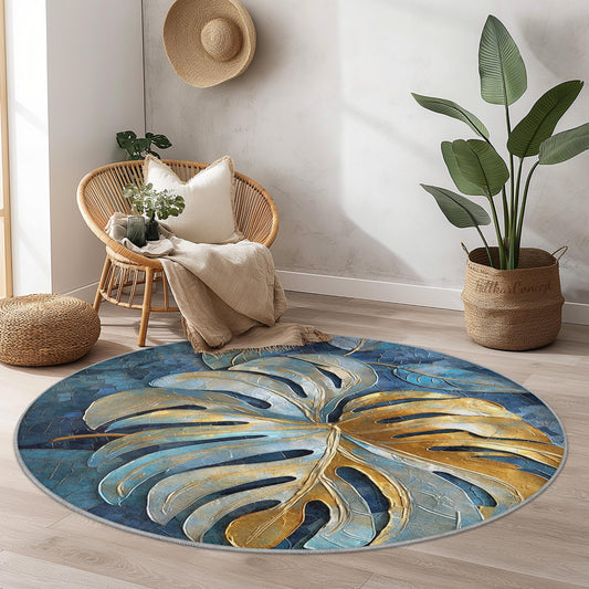 Tropical Leaf Round Area Rug, Monstera Leaf Design, Elegant Round Carpet for Living Room, Boho Home Decor, Soft Round Rug