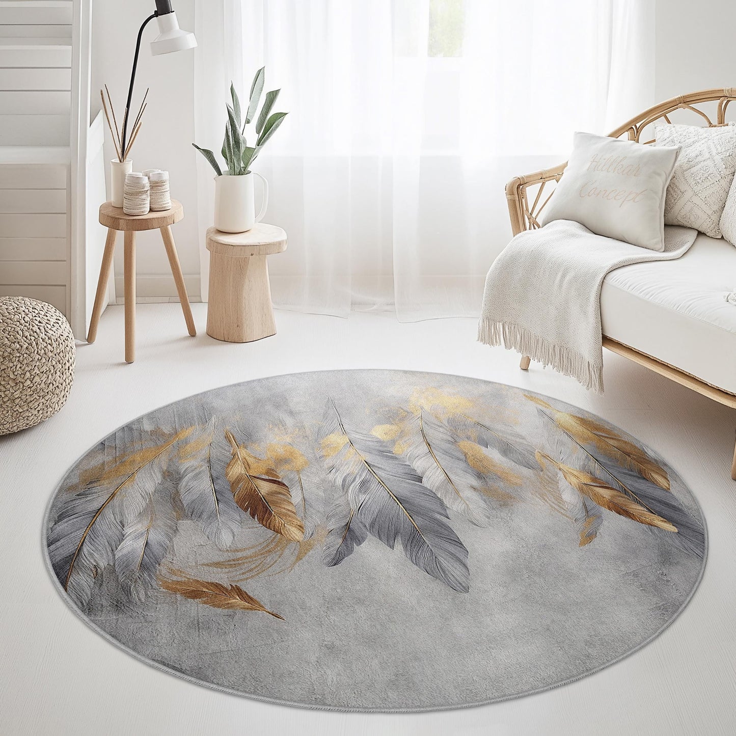 Eleganter runder Teppich mit Federmuster, böhmischer Kreisteppich, dekorative Fußmatte für Wohnzimmer, Schlafzimmer oder Kinderzimmer