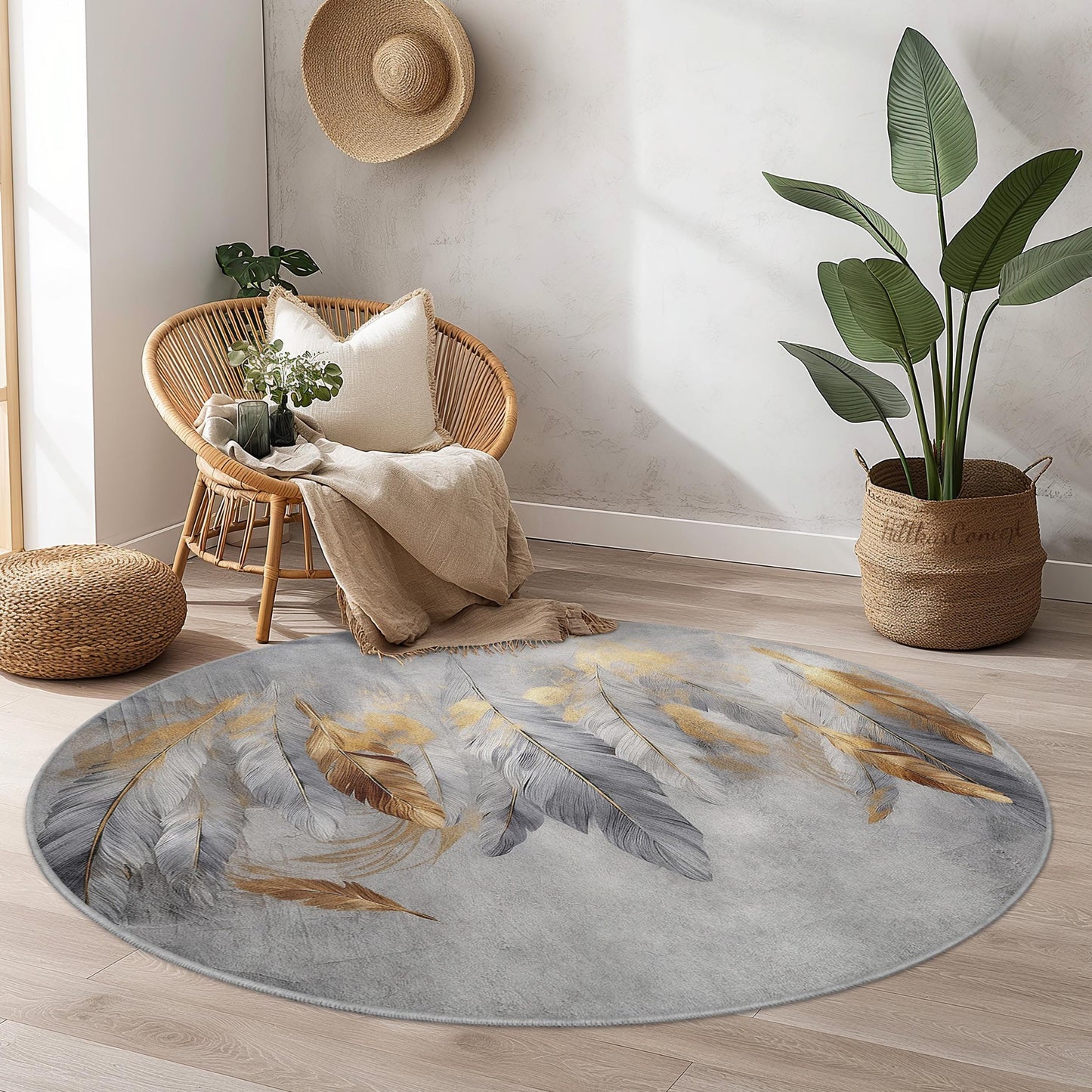 Eleganter runder Teppich mit Federmuster, böhmischer Kreisteppich, dekorative Fußmatte für Wohnzimmer, Schlafzimmer oder Kinderzimmer