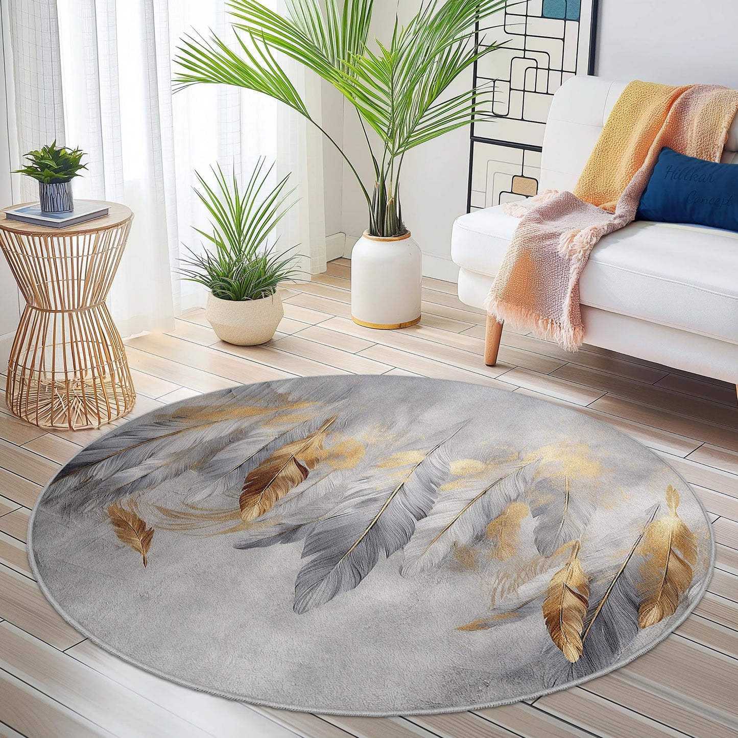 Eleganter runder Teppich mit Federmuster, böhmischer Kreisteppich, dekorative Fußmatte für Wohnzimmer, Schlafzimmer oder Kinderzimmer