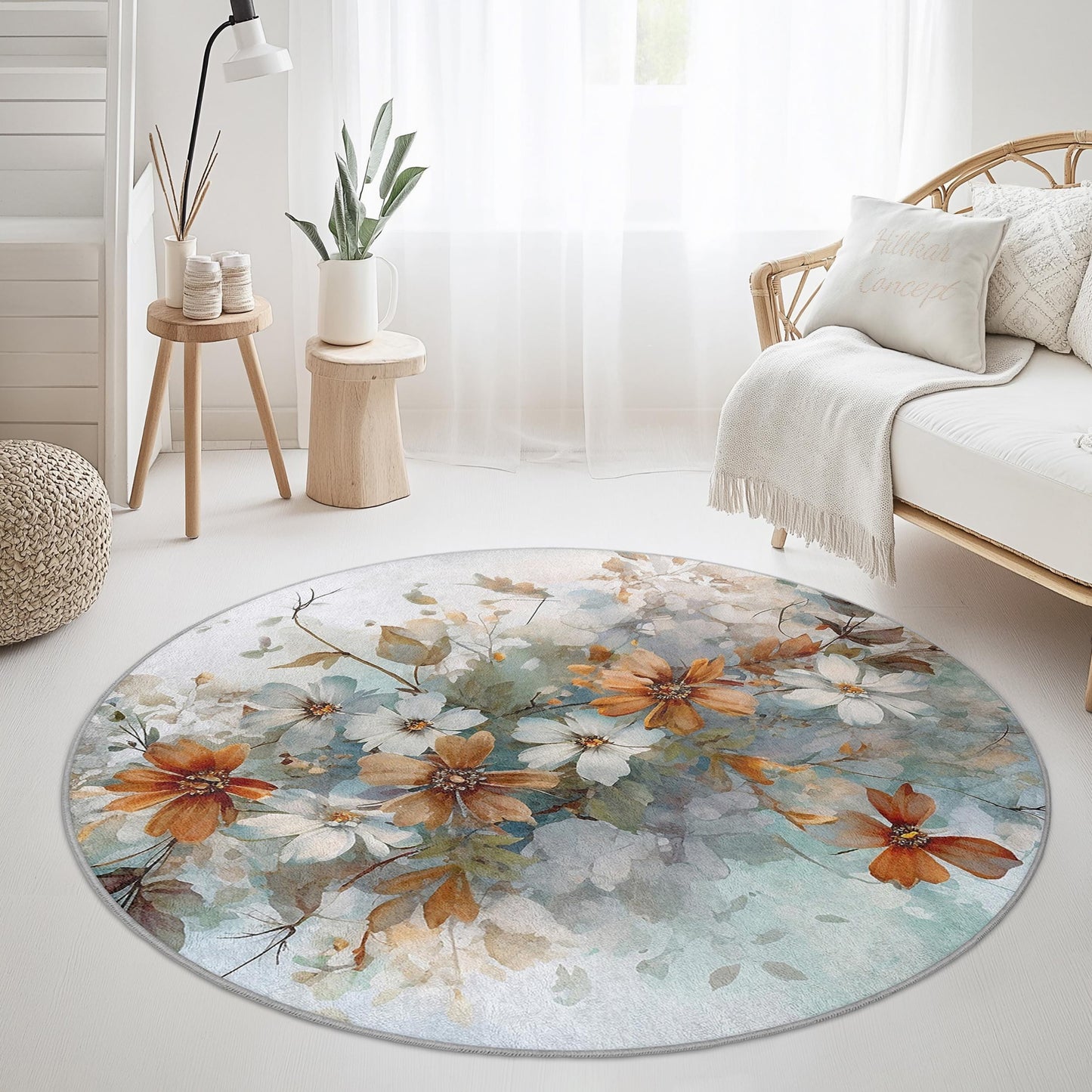 Runder Teppich mit abstraktem Blumenmuster, runder Teppich mit Blumenmuster, Teppich mit botanischem Design für Wohnzimmer, Schlafzimmer, Wohnbereich