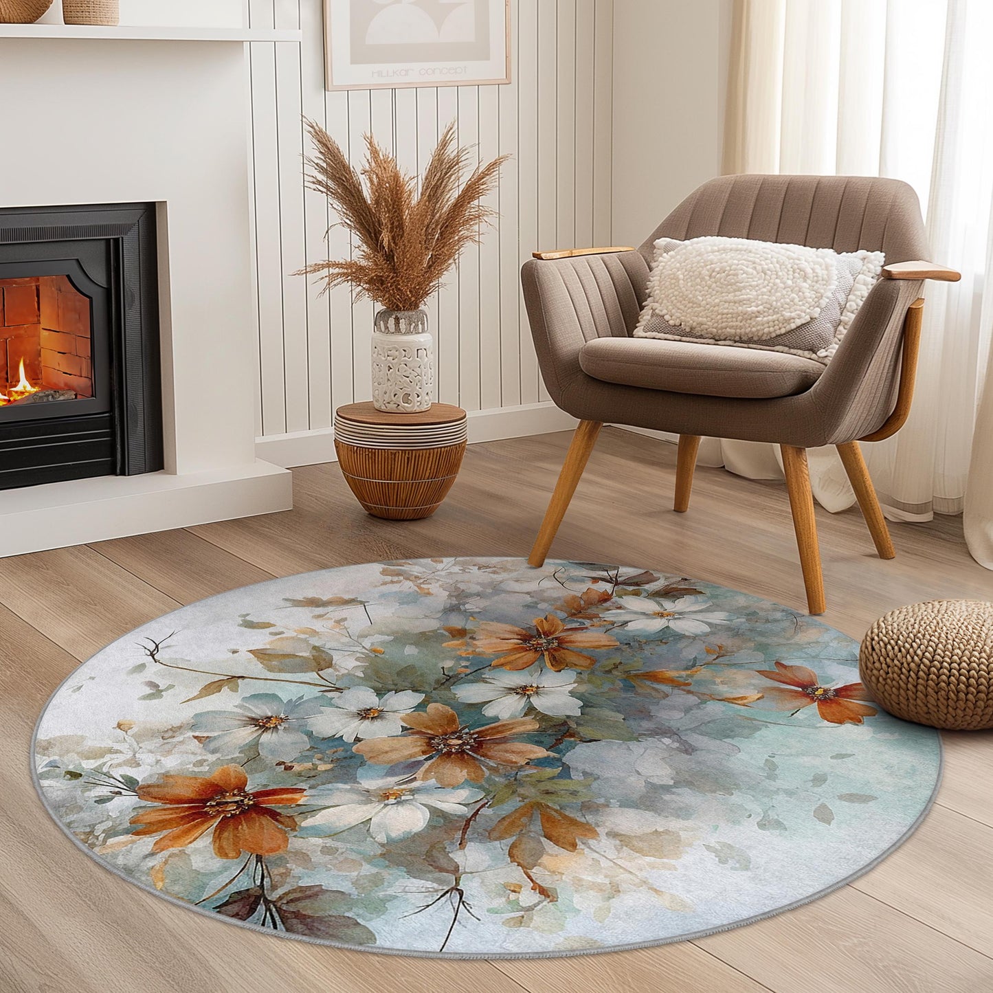 Runder Teppich mit abstraktem Blumenmuster, runder Teppich mit Blumenmuster, Teppich mit botanischem Design für Wohnzimmer, Schlafzimmer, Wohnbereich