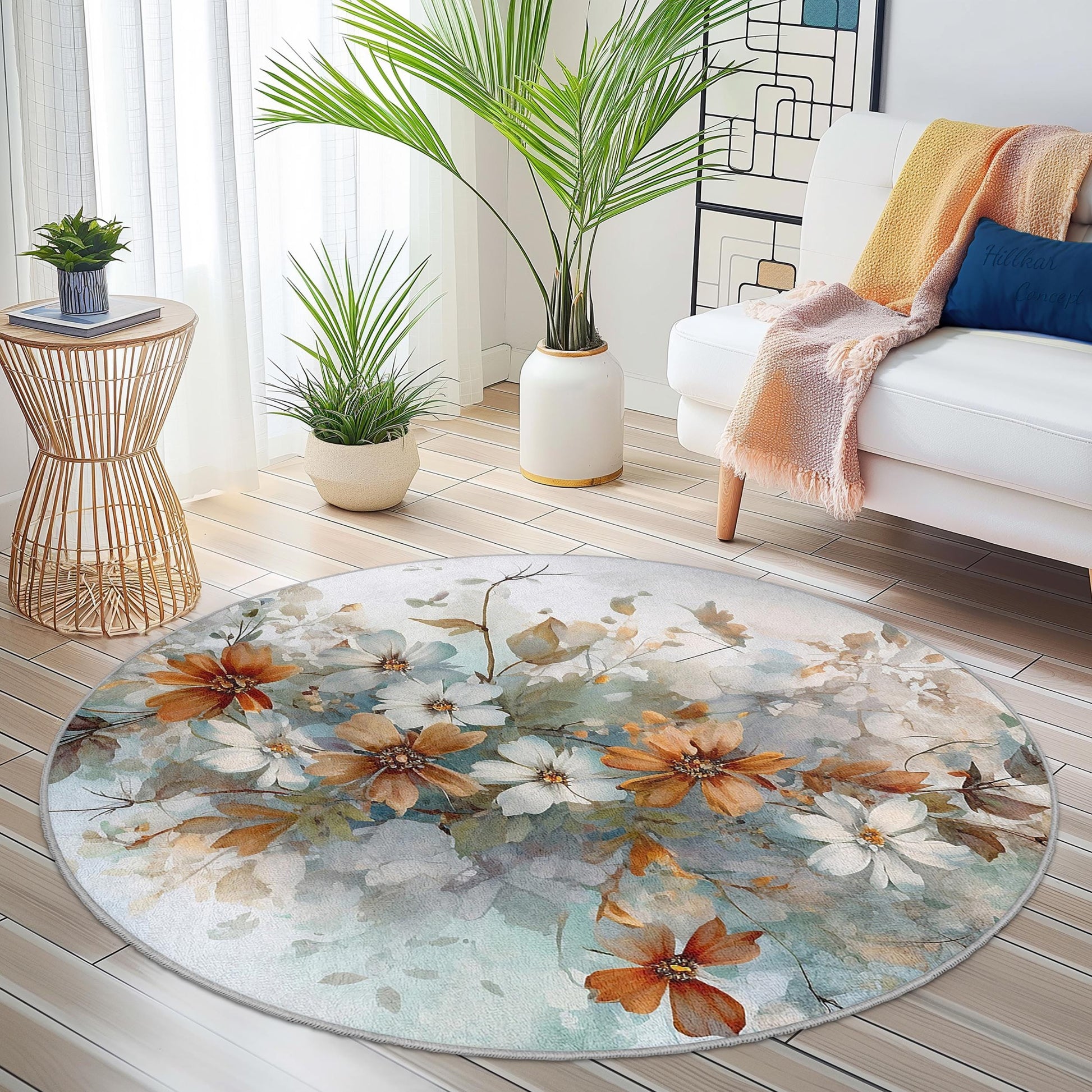 Floral Abstract Round Area Rug, Flower Pattern Round Carpet, Botanical Design Rug for Living Room, Bedroom, Home Decor