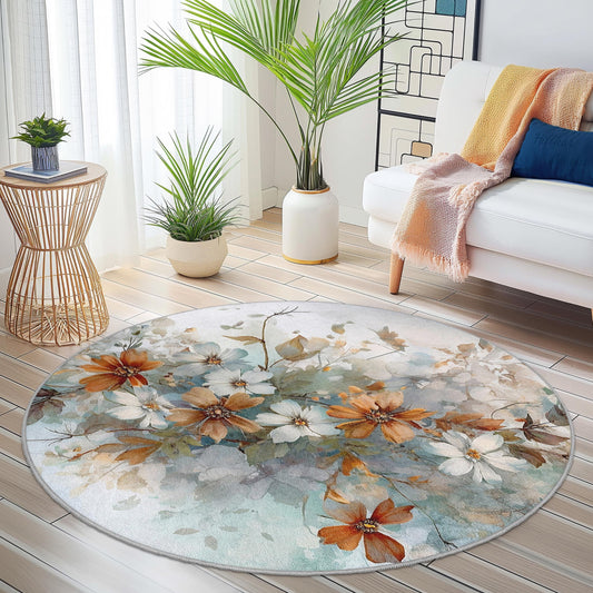 Floral Abstract Round Area Rug, Flower Pattern Round Carpet, Botanical Design Rug for Living Room, Bedroom, Home Decor