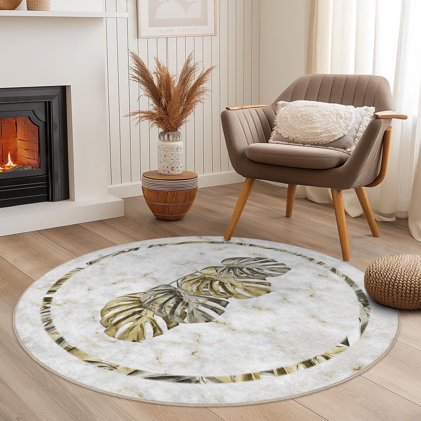 Eleganter runder Teppich mit Monstera-Blattmuster, tropische Pflanzendekoration, weicher runder Teppich fürs Wohnzimmer, Boho-Chic-Teppich, Wohnaccessoire