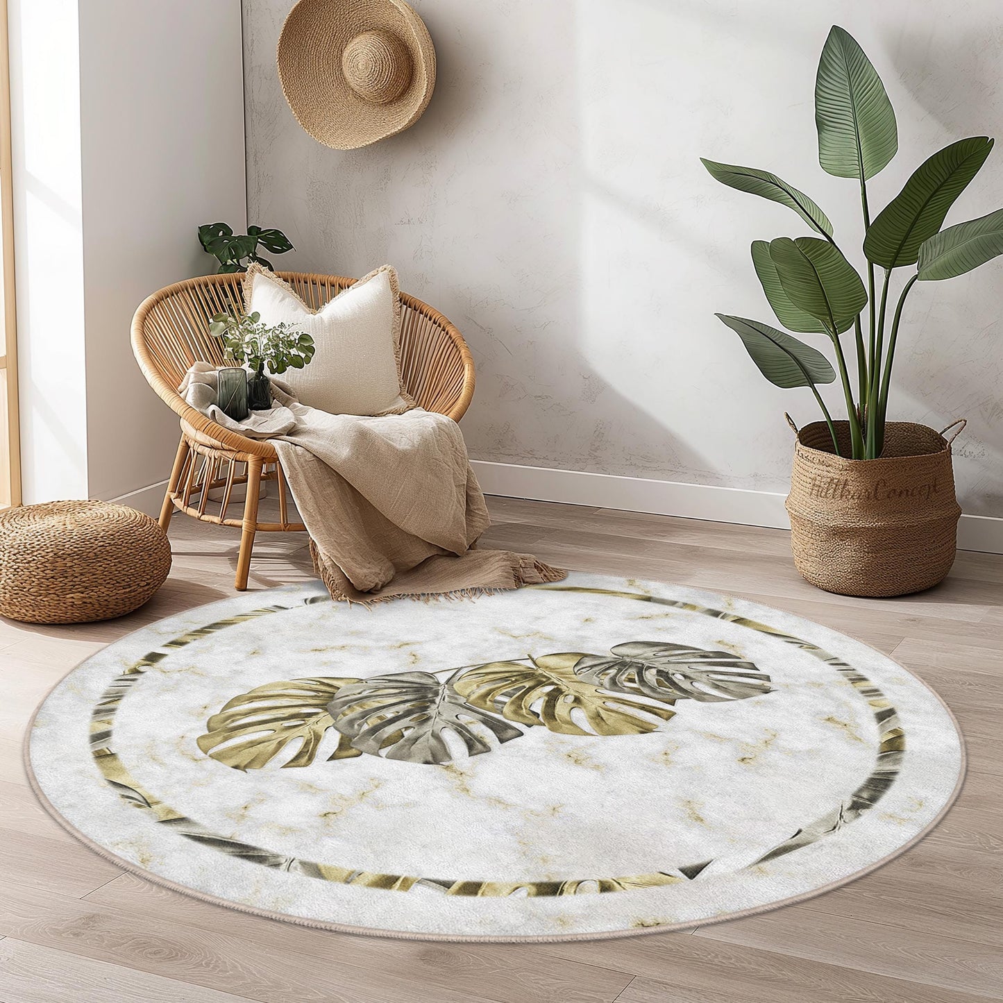 Eleganter runder Teppich mit Monstera-Blattmuster, tropische Pflanzendekoration, weicher runder Teppich fürs Wohnzimmer, Boho-Chic-Teppich, Wohnaccessoire