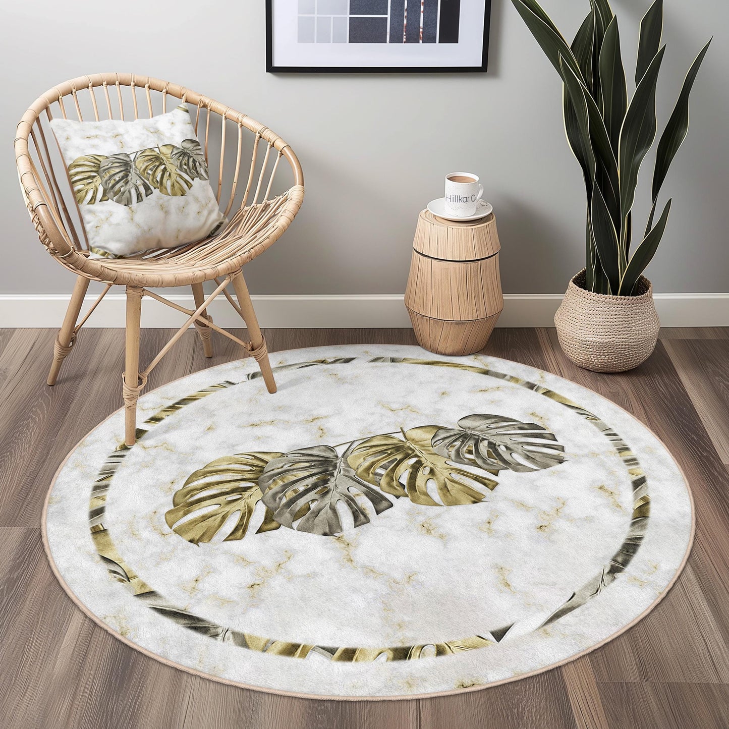 Eleganter runder Teppich mit Monstera-Blattmuster, tropische Pflanzendekoration, weicher runder Teppich fürs Wohnzimmer, Boho-Chic-Teppich, Wohnaccessoire