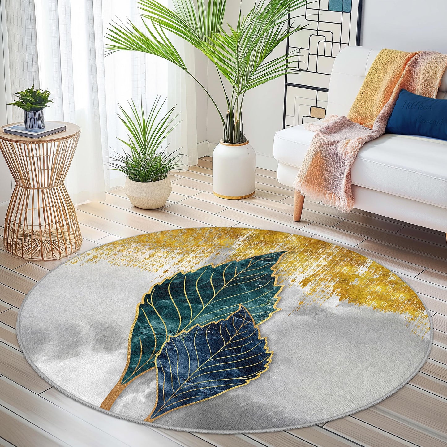 Eleganter runder Teppich mit Blattmuster, moderner runder Teppich mit botanischem Muster, Wohnzimmerdekoration, weicher runder Teppich, Wohnaccessoire
