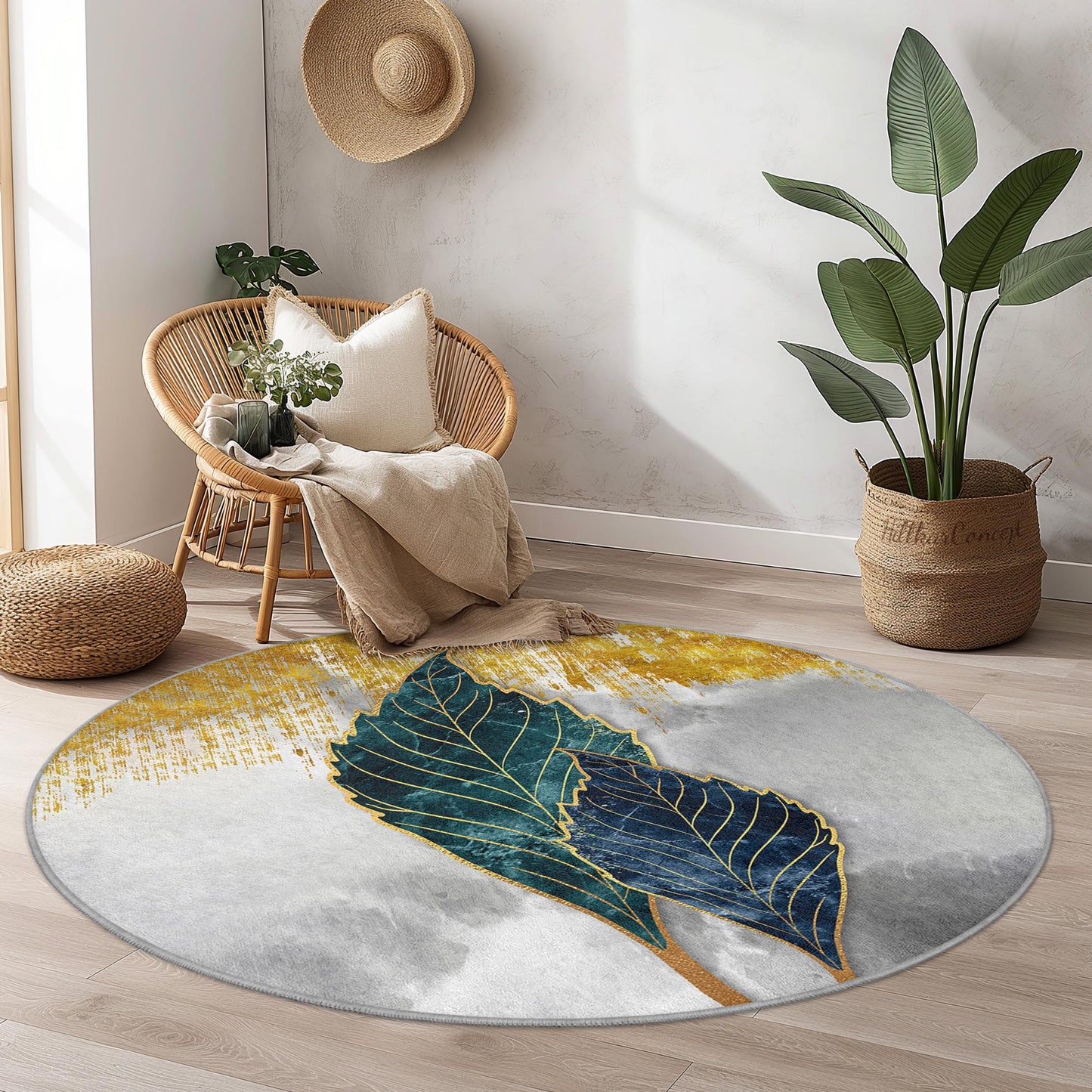 Elegant Round Leaf Pattern Area Rug, Modern Botanical Round Carpet, Living Room Decor, Soft Round Rug, Home Accent Rug