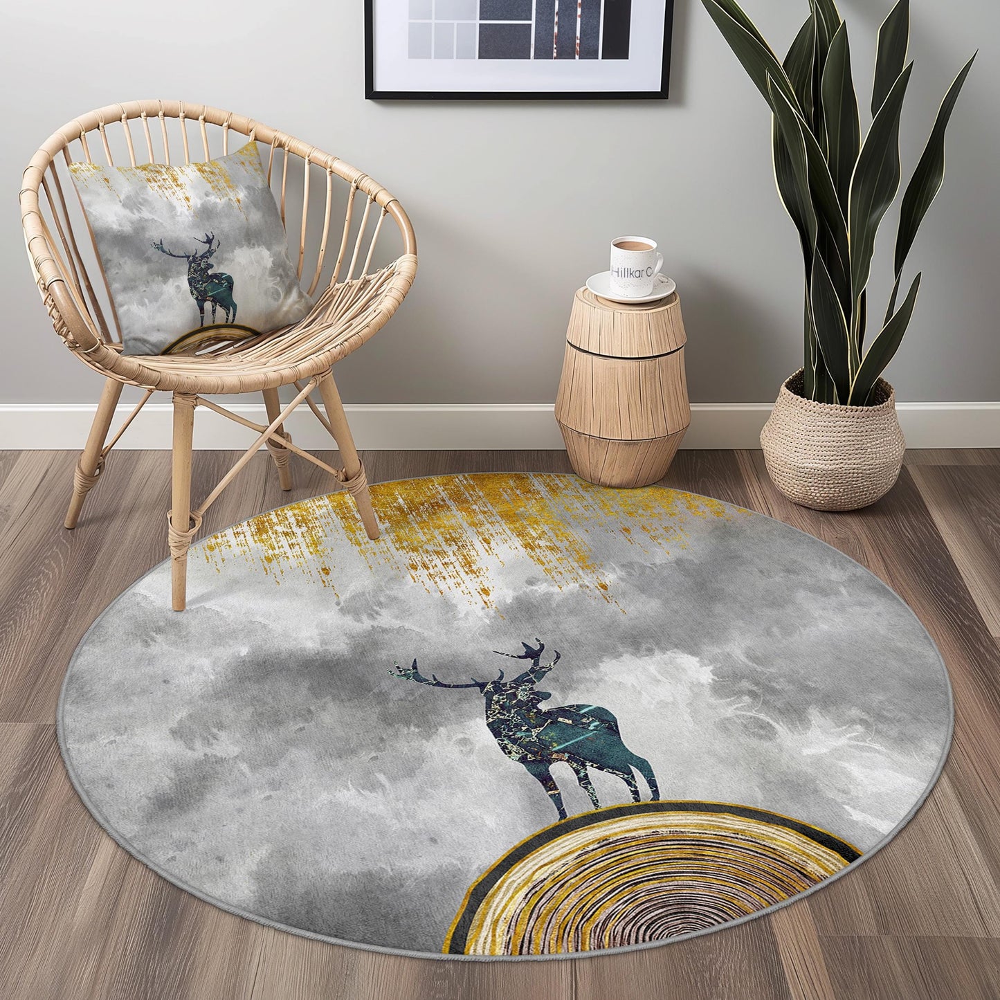 Runder Teppich mit majestätischem Hirschmotiv, von der Natur inspiriert, farbenfrohes Wildtierdekor, Wohnzimmerteppich, einzigartiges Wohnaccessoire