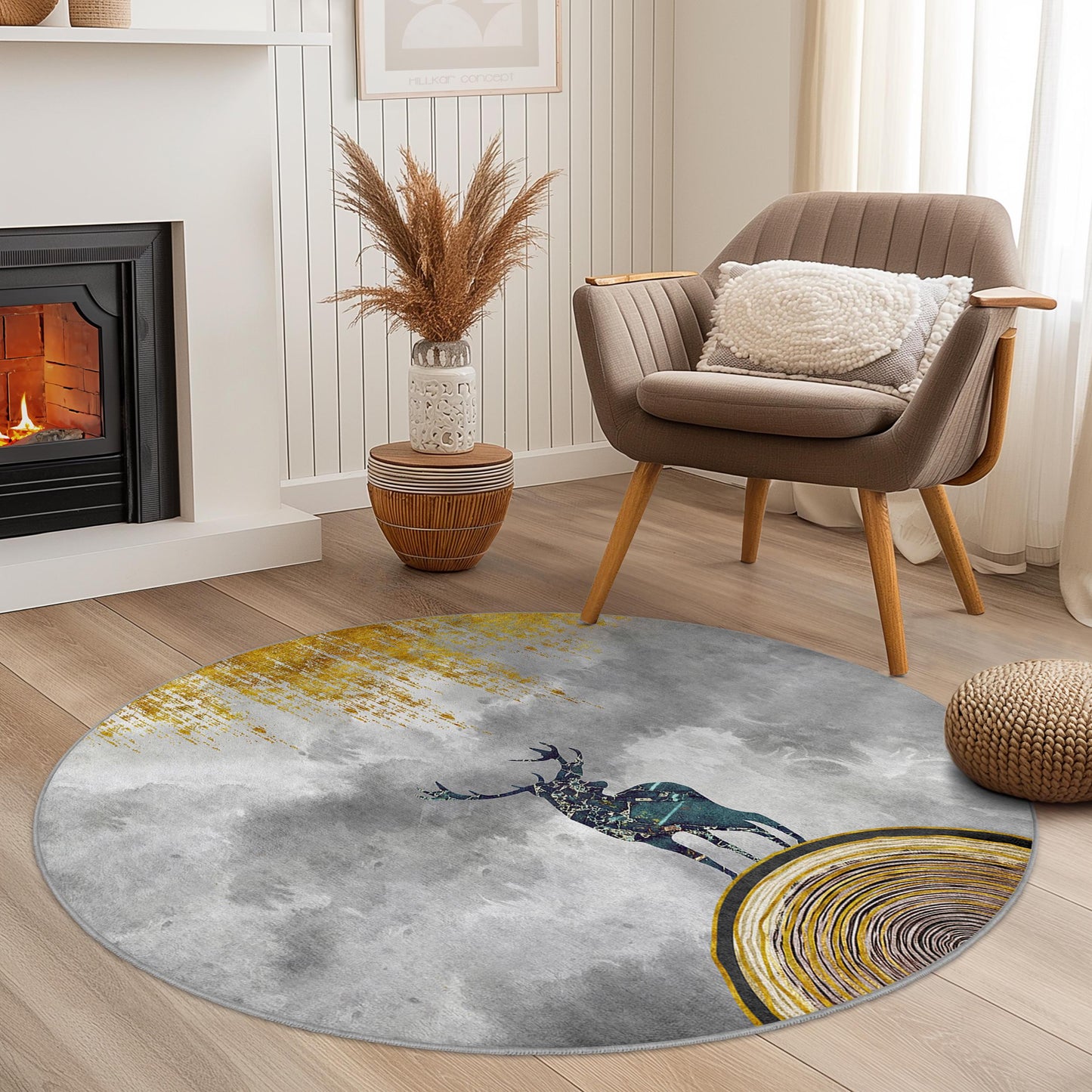 Majestic Deer Round Area Rug, Nature Inspired Round Carpet, Colorful Wildlife Decor, Living Room Rug, Unique Home Accent