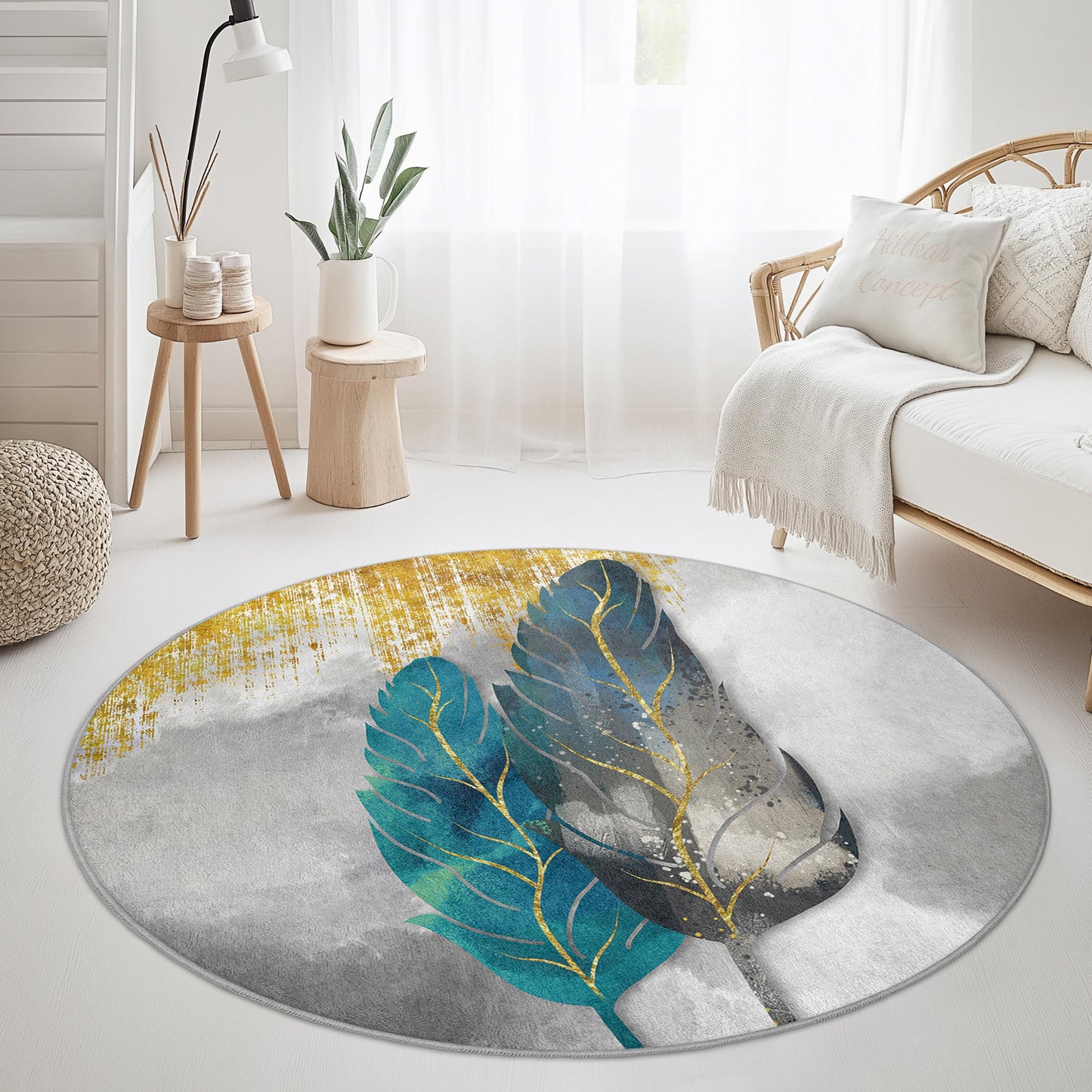 Eleganter runder Teppich mit Federmuster, runder Boho-Chic-Teppich, weicher Teppich mit Federdesign, Wohnzimmerdekoration, moderne runde Fußmatte