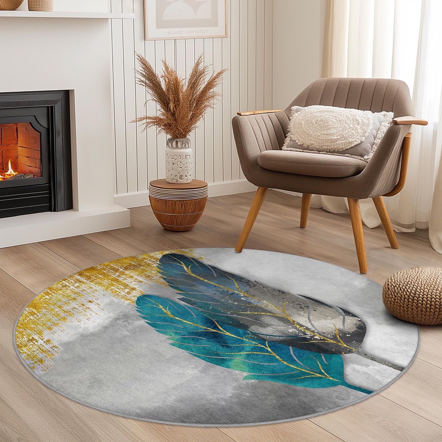 Eleganter runder Teppich mit Federmuster, runder Boho-Chic-Teppich, weicher Teppich mit Federdesign, Wohnzimmerdekoration, moderne runde Fußmatte