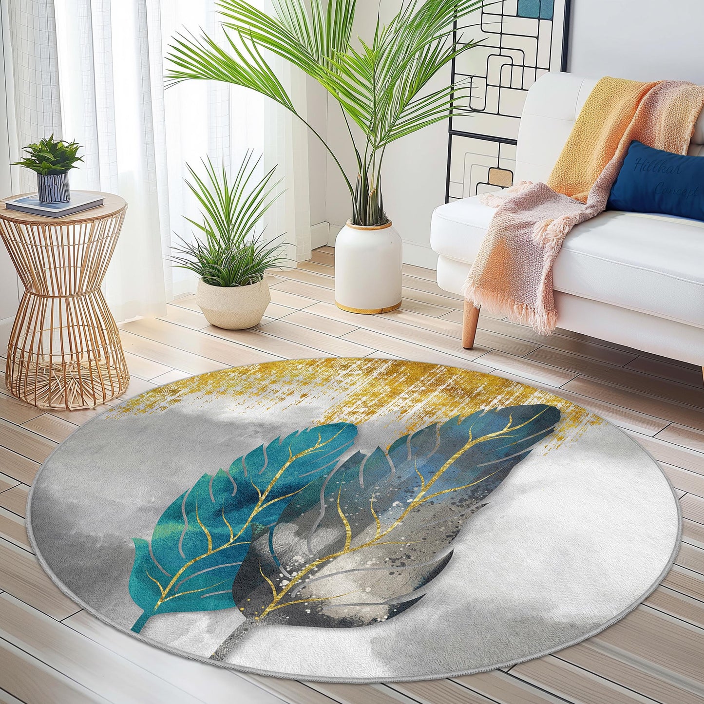 Eleganter runder Teppich mit Federmuster, runder Boho-Chic-Teppich, weicher Teppich mit Federdesign, Wohnzimmerdekoration, moderne runde Fußmatte