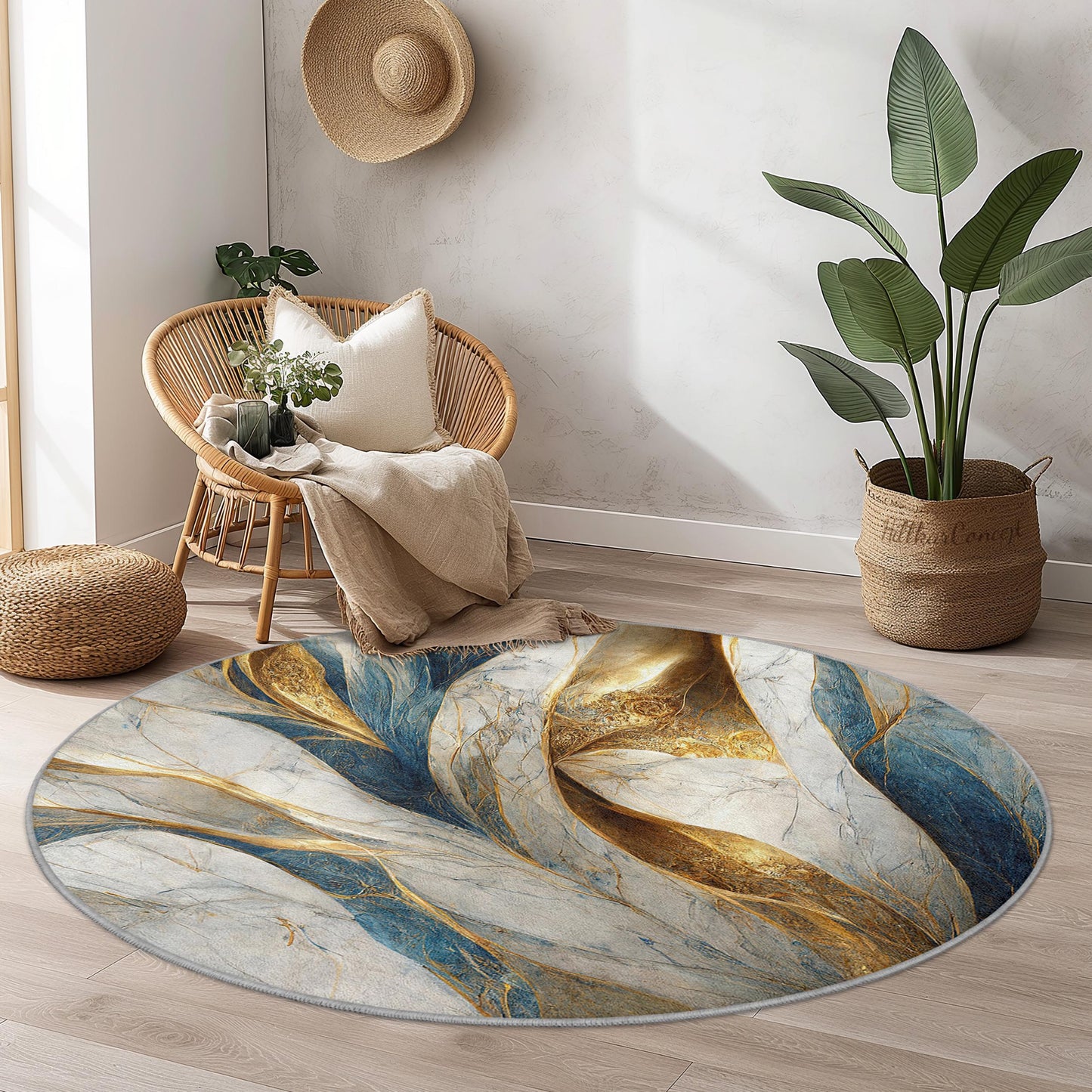 Eleganter runder Teppich im Marmor-Design, luxuriöse Wohnaccessoires, weicher Plüschteppich, moderner Wohnzimmerteppich, stilvoller runder Teppich
