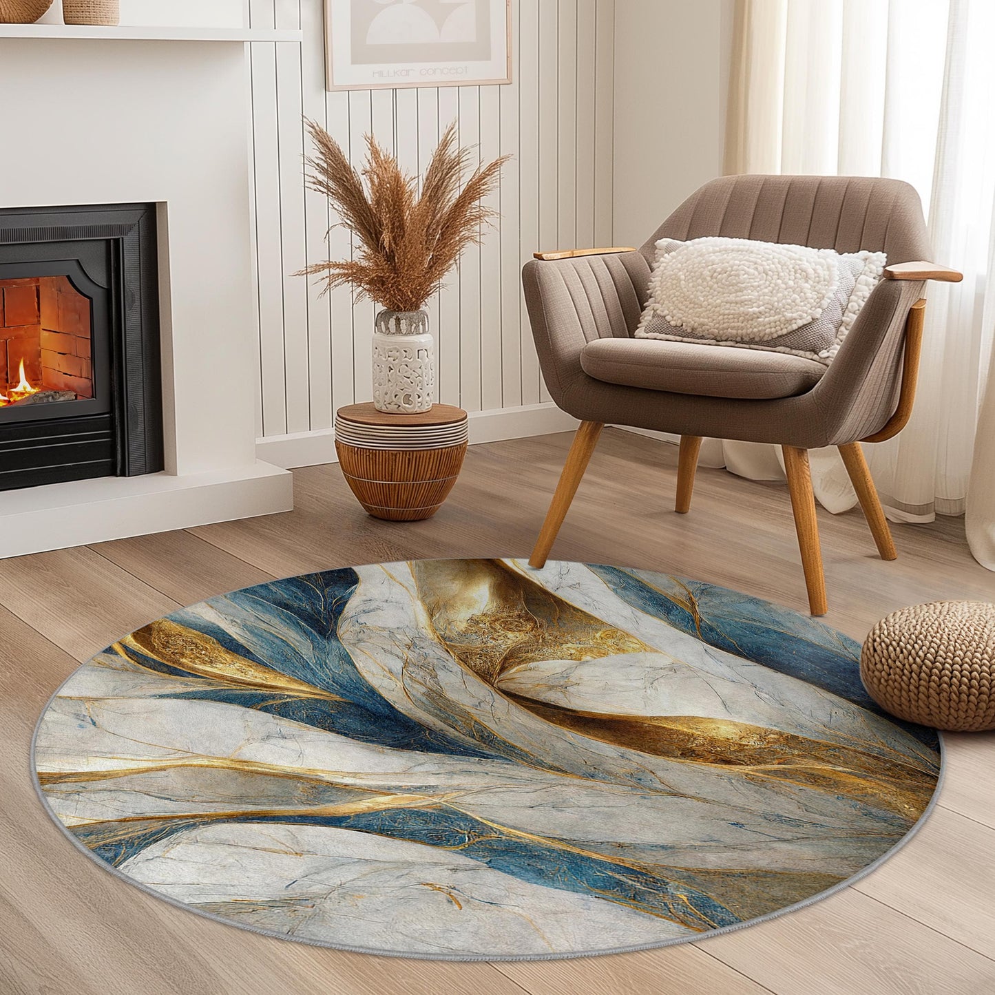 Eleganter runder Teppich im Marmor-Design, luxuriöse Wohnaccessoires, weicher Plüschteppich, moderner Wohnzimmerteppich, stilvoller runder Teppich