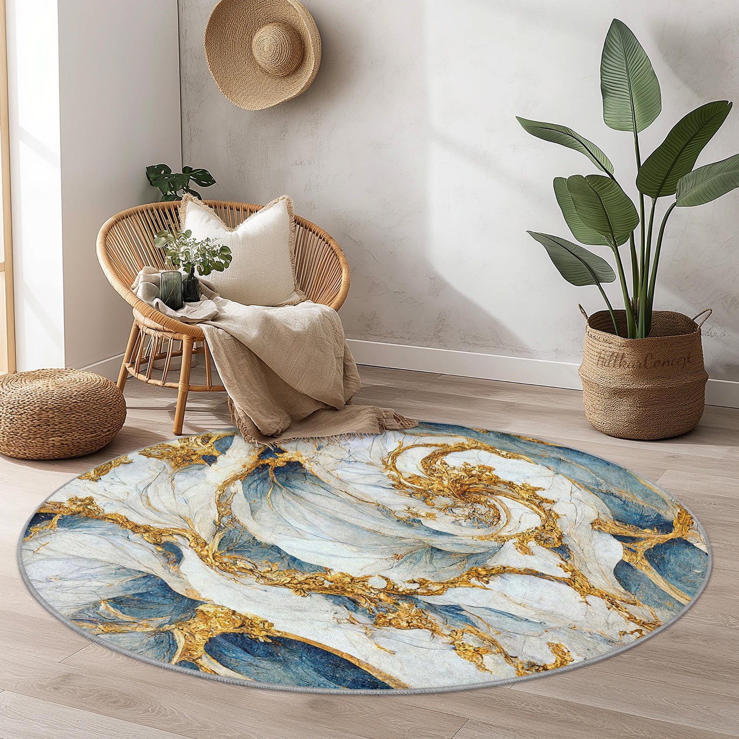 Eleganter runder Teppich mit blau-goldenem Wirbelmuster, kunstvoller runder Teppich für das Wohnzimmer, einzigartige Wohndekoration, luxuriöser runder Teppich