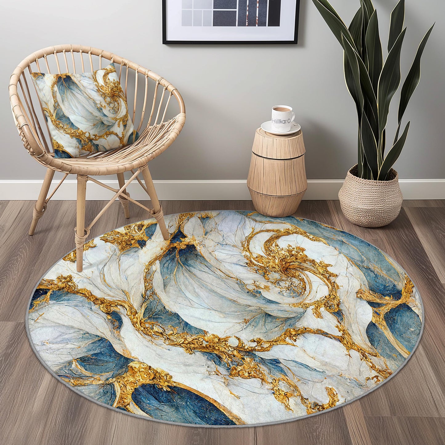 Eleganter runder Teppich mit blau-goldenem Wirbelmuster, kunstvoller runder Teppich für das Wohnzimmer, einzigartige Wohndekoration, luxuriöser runder Teppich