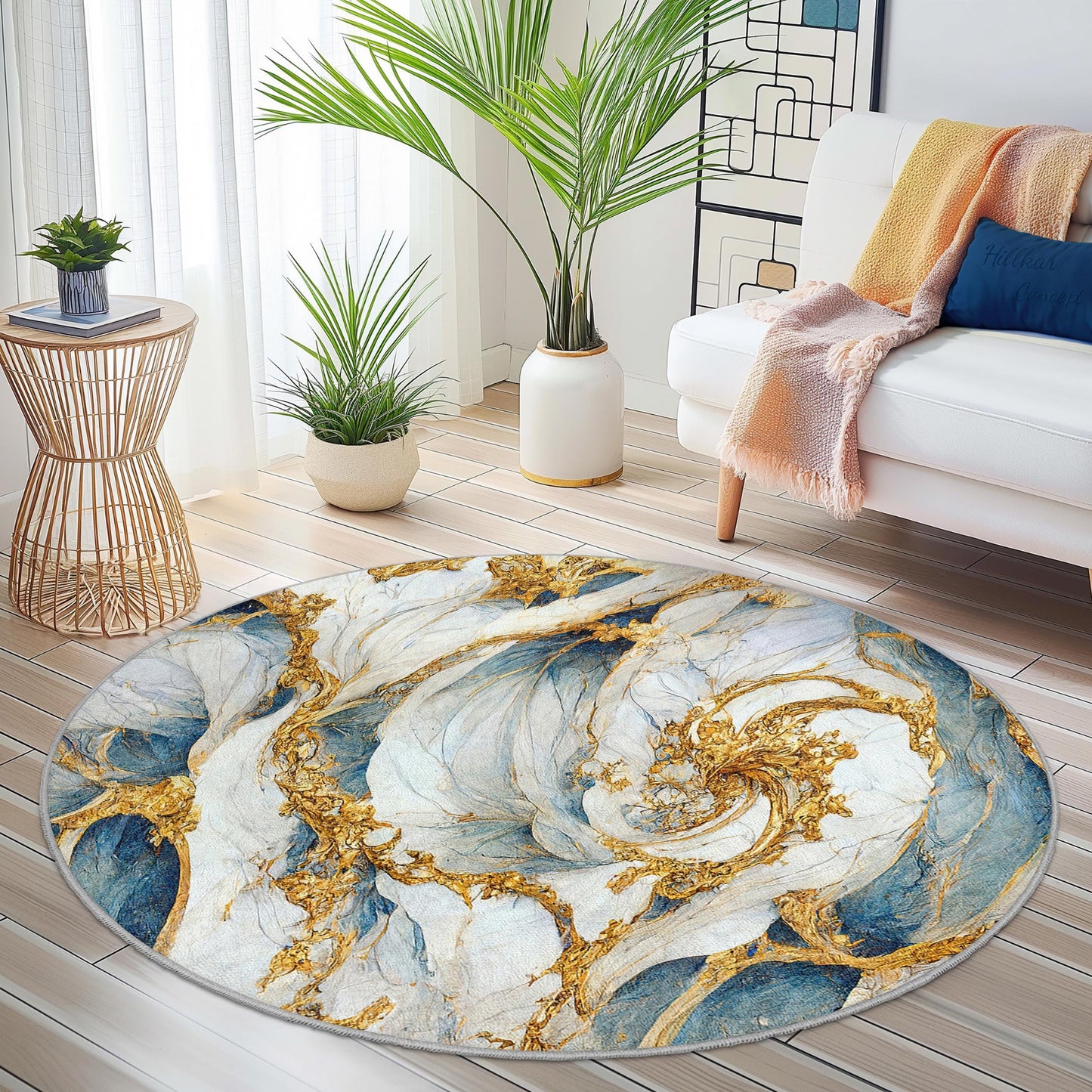 Eleganter runder Teppich mit blau-goldenem Wirbelmuster, kunstvoller runder Teppich für das Wohnzimmer, einzigartige Wohndekoration, luxuriöser runder Teppich