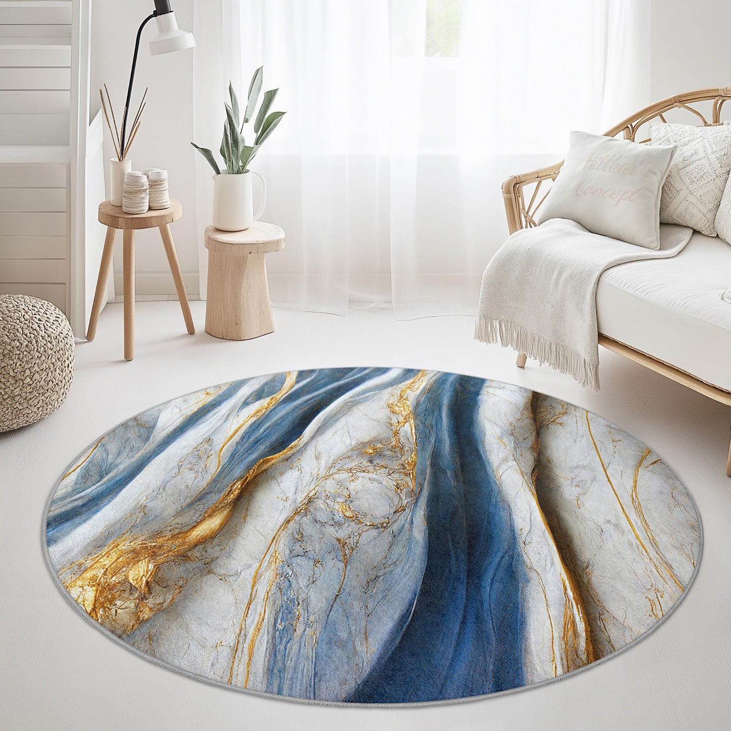 Eleganter runder Teppich in Blau und Gold, luxuriöser Teppich im Marmor-Design, weicher runder Teppich für Wohnzimmer, Schlafzimmer und andere Wohnräume