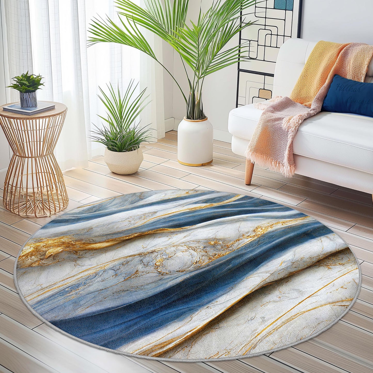 Eleganter runder Teppich in Blau und Gold, luxuriöser Teppich im Marmor-Design, weicher runder Teppich für Wohnzimmer, Schlafzimmer und andere Wohnräume