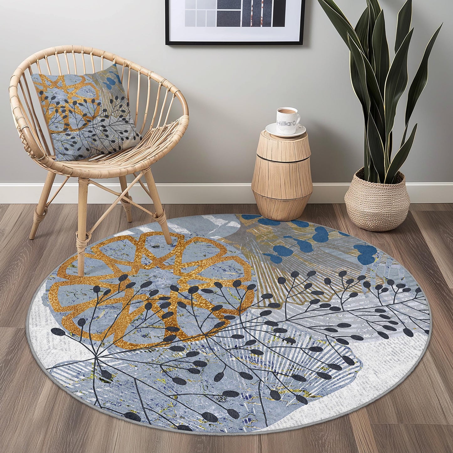 Runder Teppich mit floralem Muster, eleganter runder Teppich für das Wohnzimmer, modernes botanisches Design, weicher runder Teppich für die Wohnkultur