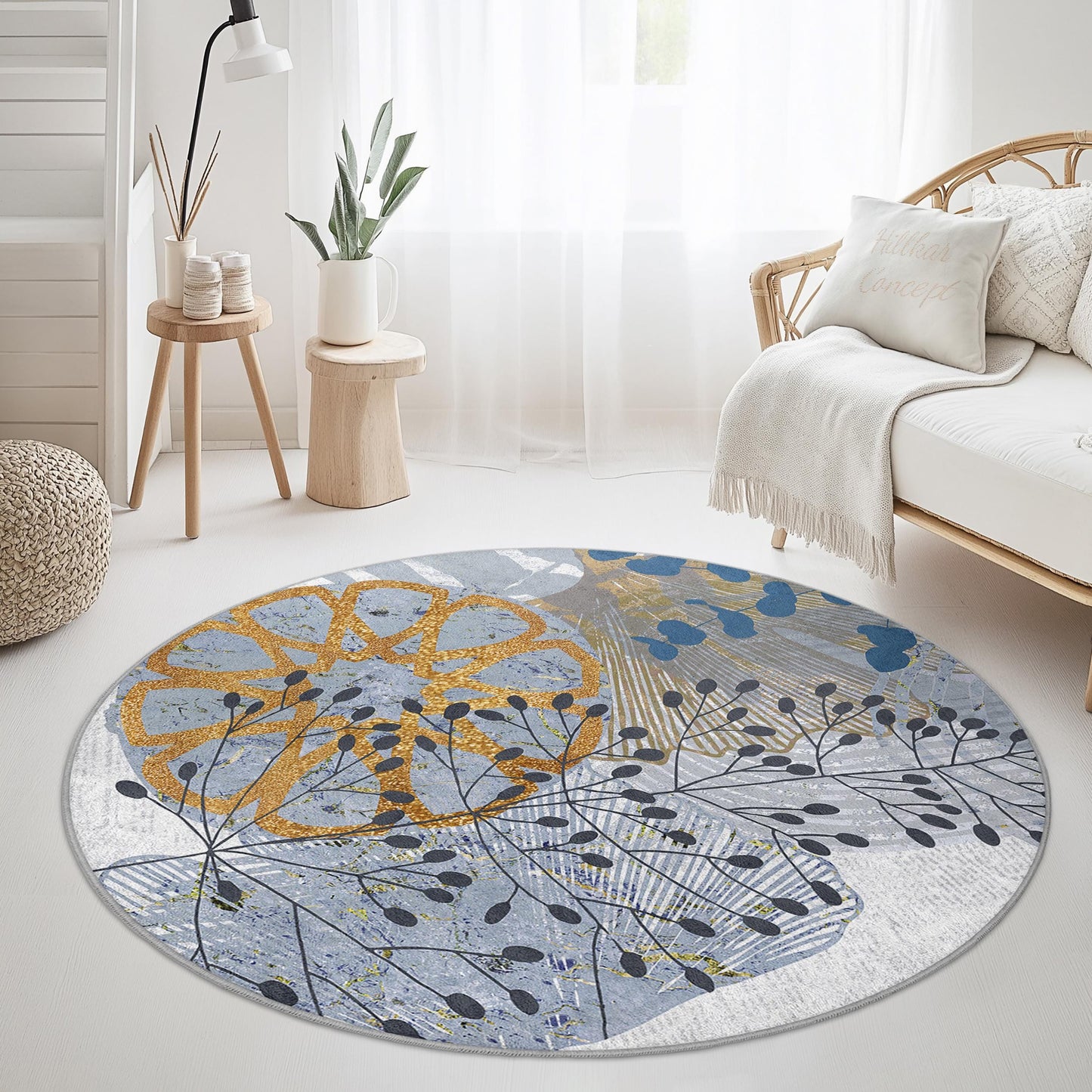 Runder Teppich mit floralem Muster, eleganter runder Teppich für das Wohnzimmer, modernes botanisches Design, weicher runder Teppich für die Wohnkultur