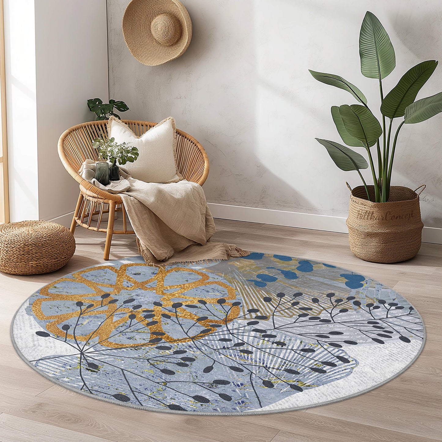 Runder Teppich mit floralem Muster, eleganter runder Teppich für das Wohnzimmer, modernes botanisches Design, weicher runder Teppich für die Wohnkultur