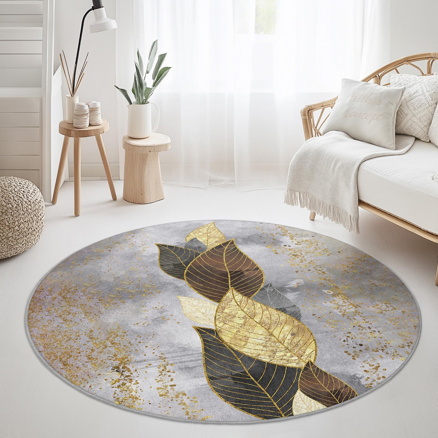 Eleganter runder Teppich mit Blattgoldmuster, moderner runder Teppich, Teppich mit Blattmuster für das Wohnzimmer, gemütliche runde Wohndekoration, luxuriöser runder Teppich