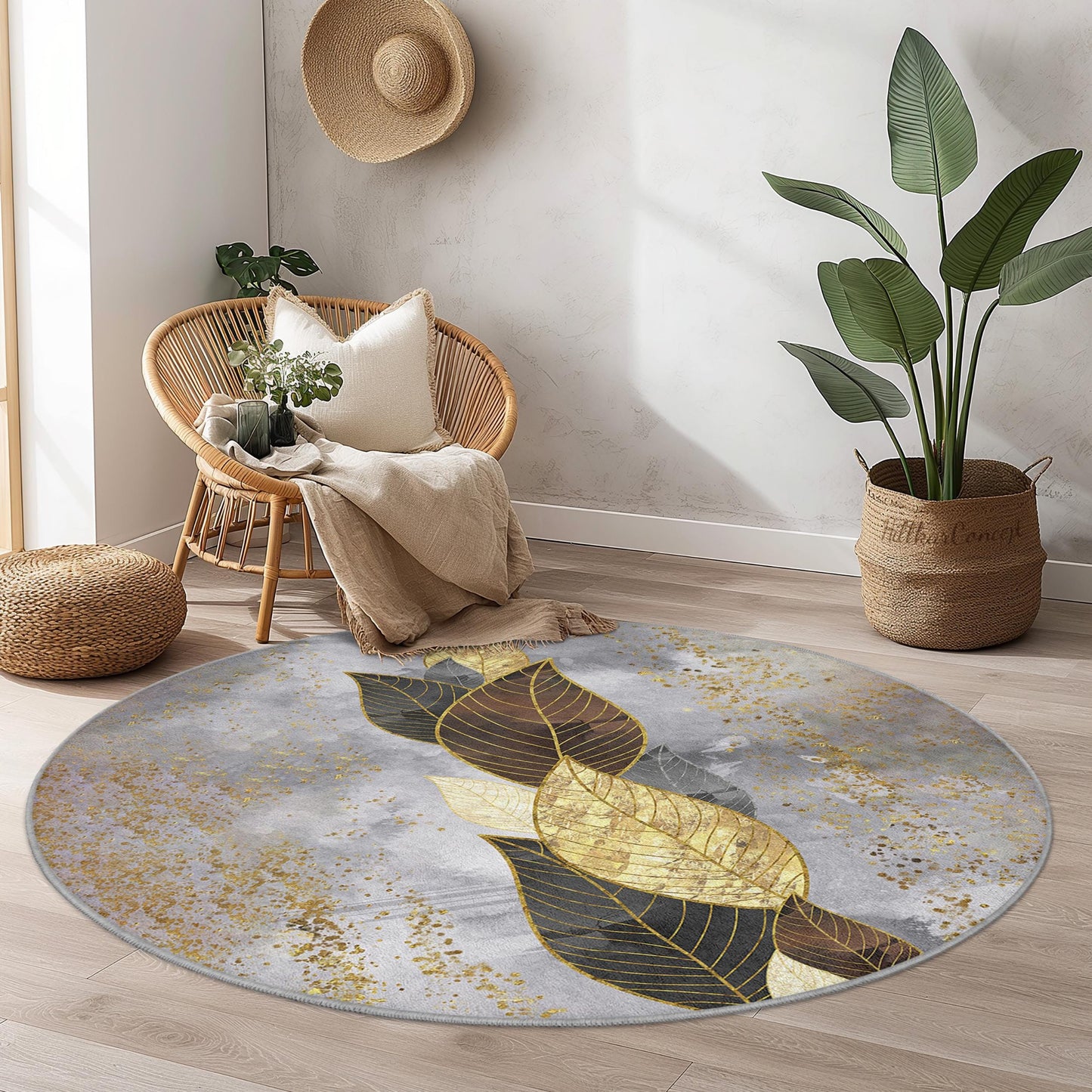 Eleganter runder Teppich mit Blattgoldmuster, moderner runder Teppich, Teppich mit Blattmuster für das Wohnzimmer, gemütliche runde Wohndekoration, luxuriöser runder Teppich