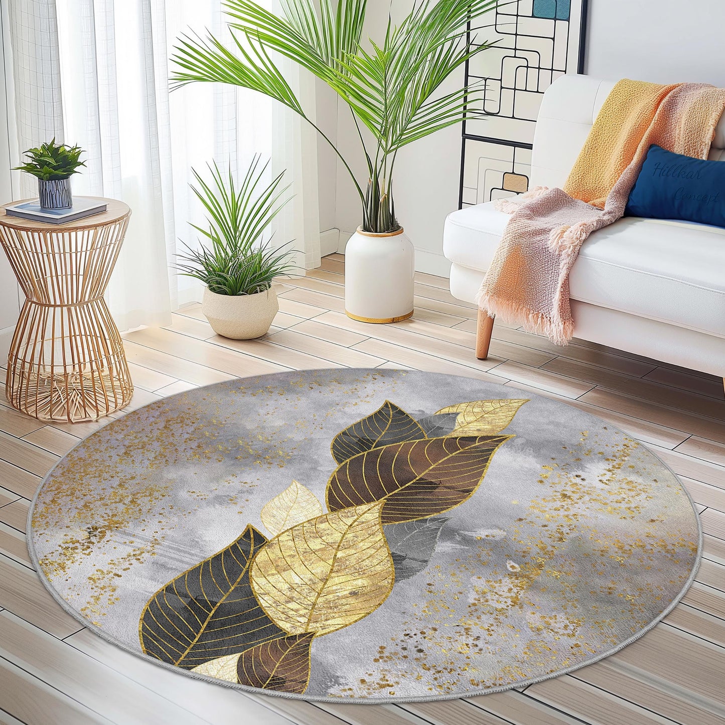 Eleganter runder Teppich mit Blattgoldmuster, moderner runder Teppich, Teppich mit Blattmuster für das Wohnzimmer, gemütliche runde Wohndekoration, luxuriöser runder Teppich