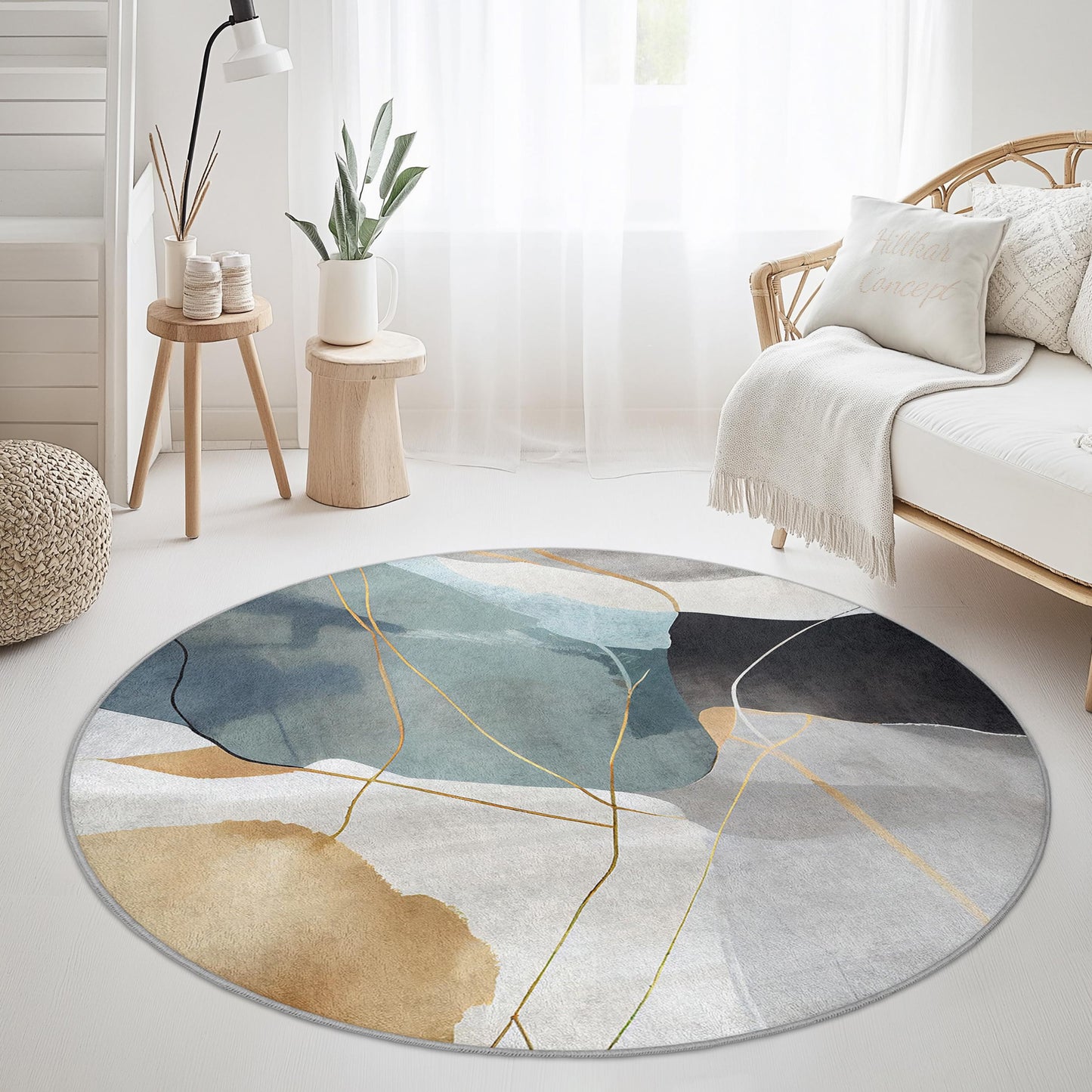Abstrakter geometrischer runder Teppich, moderner runder Teppich, künstlerischer runder Teppich für das Wohnzimmer, stilvolle Wohndekoration, weiche runde Matte