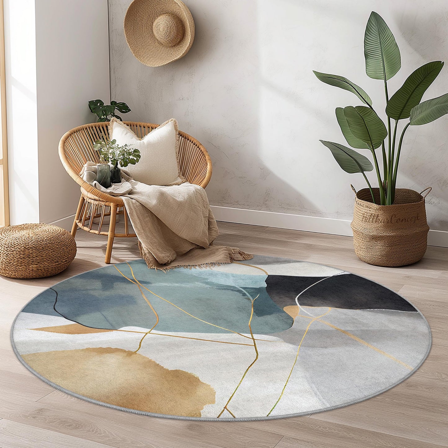 Abstrakter geometrischer runder Teppich, moderner runder Teppich, künstlerischer runder Teppich für das Wohnzimmer, stilvolle Wohndekoration, weiche runde Matte
