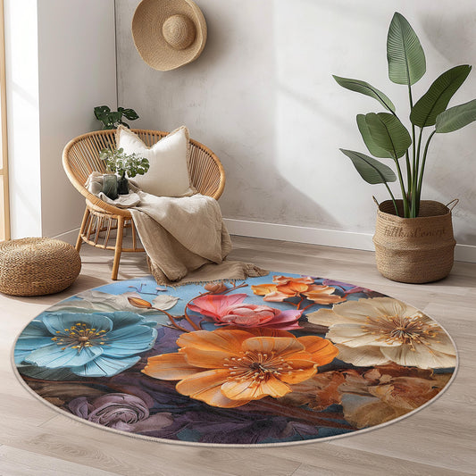 Floral Fantasy Round Area Rug, Colorful Flower Design Rug, Bohemian Round Carpet, Home Decor, Living Room, Bedroom, Flower Pattern