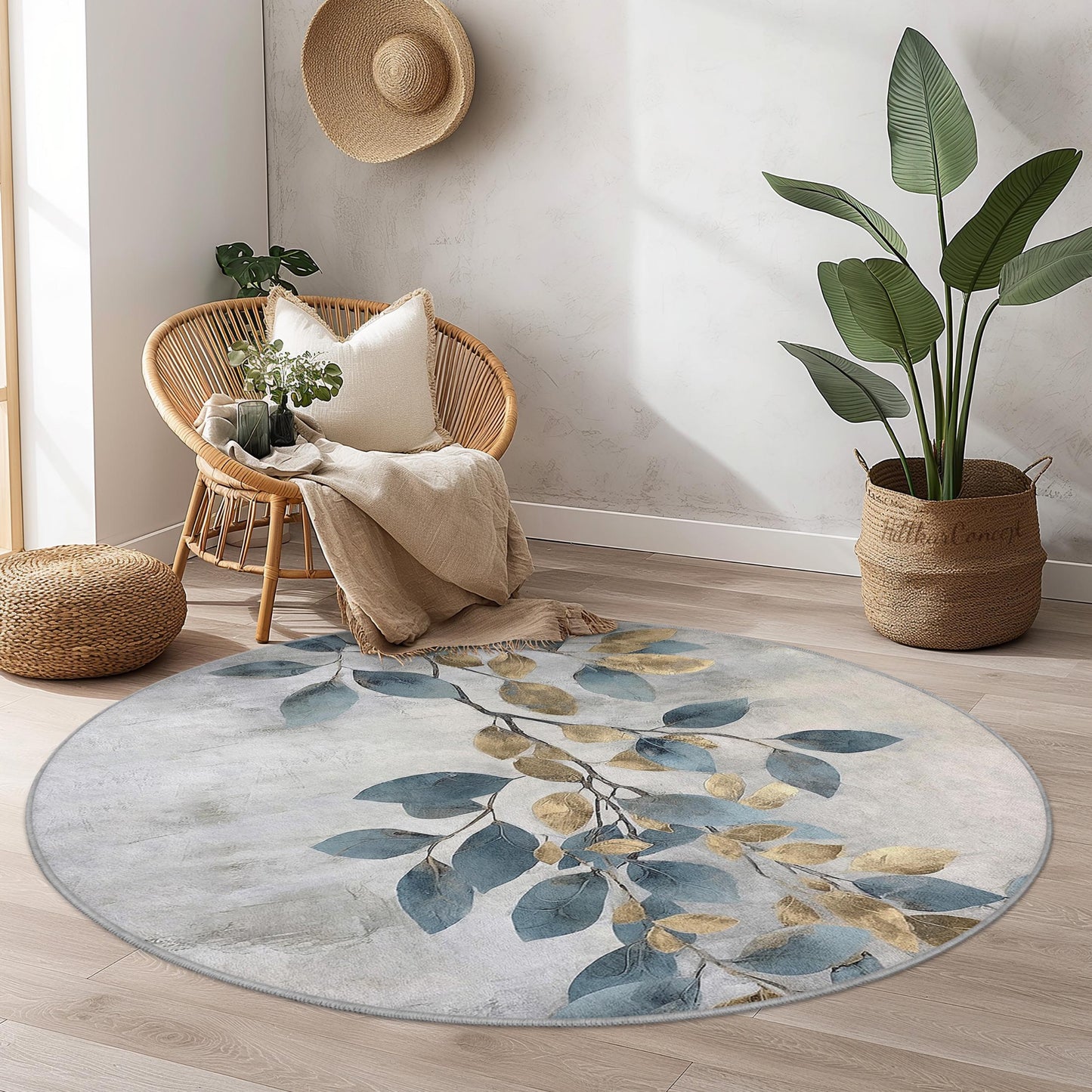 Eleganter runder Teppich mit Blattmuster, floraler runder Teppich, weicher Wohnzimmerteppich, moderne Wohndekoration, von der Natur inspirierter runder Teppich