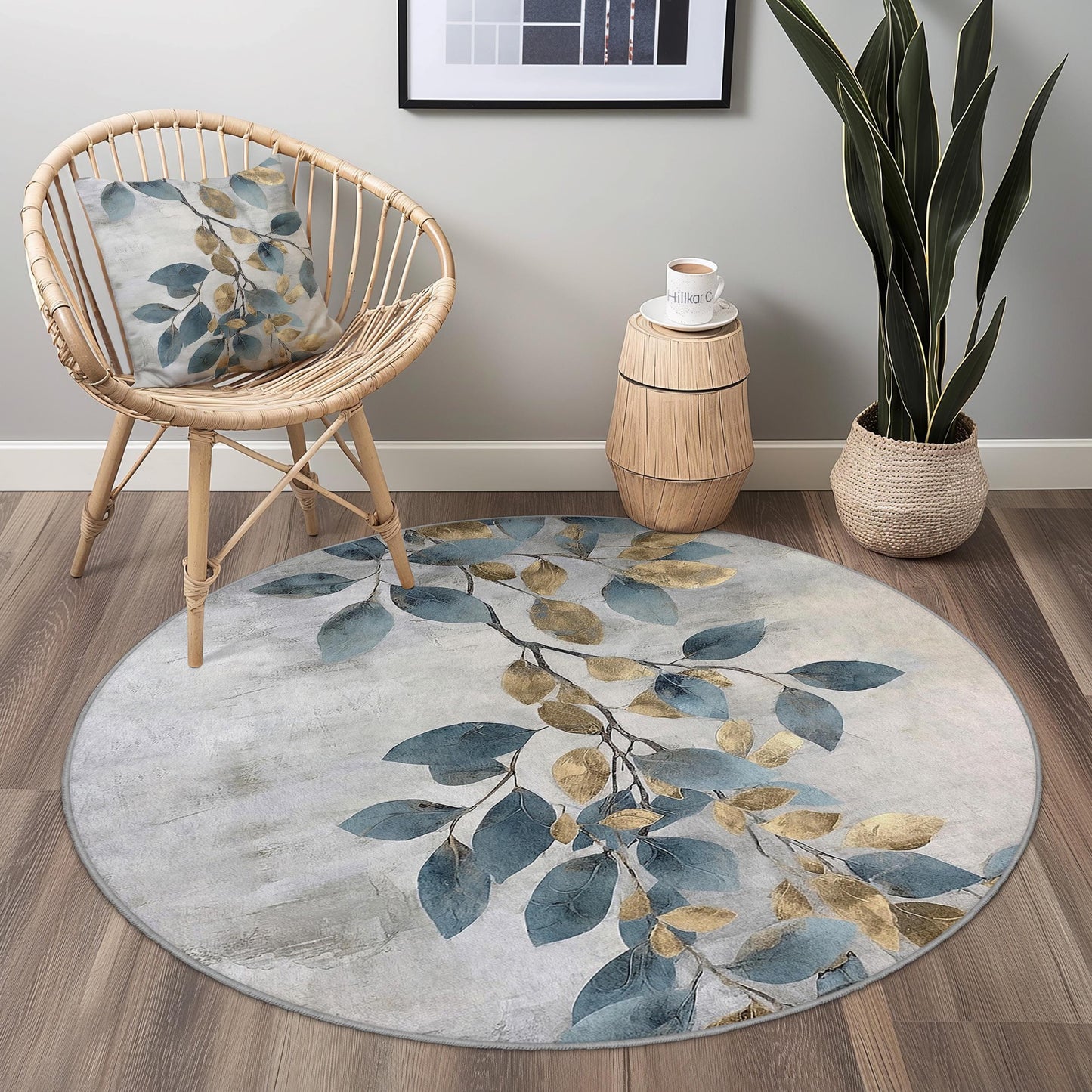 Eleganter runder Teppich mit Blattmuster, floraler runder Teppich, weicher Wohnzimmerteppich, moderne Wohndekoration, von der Natur inspirierter runder Teppich