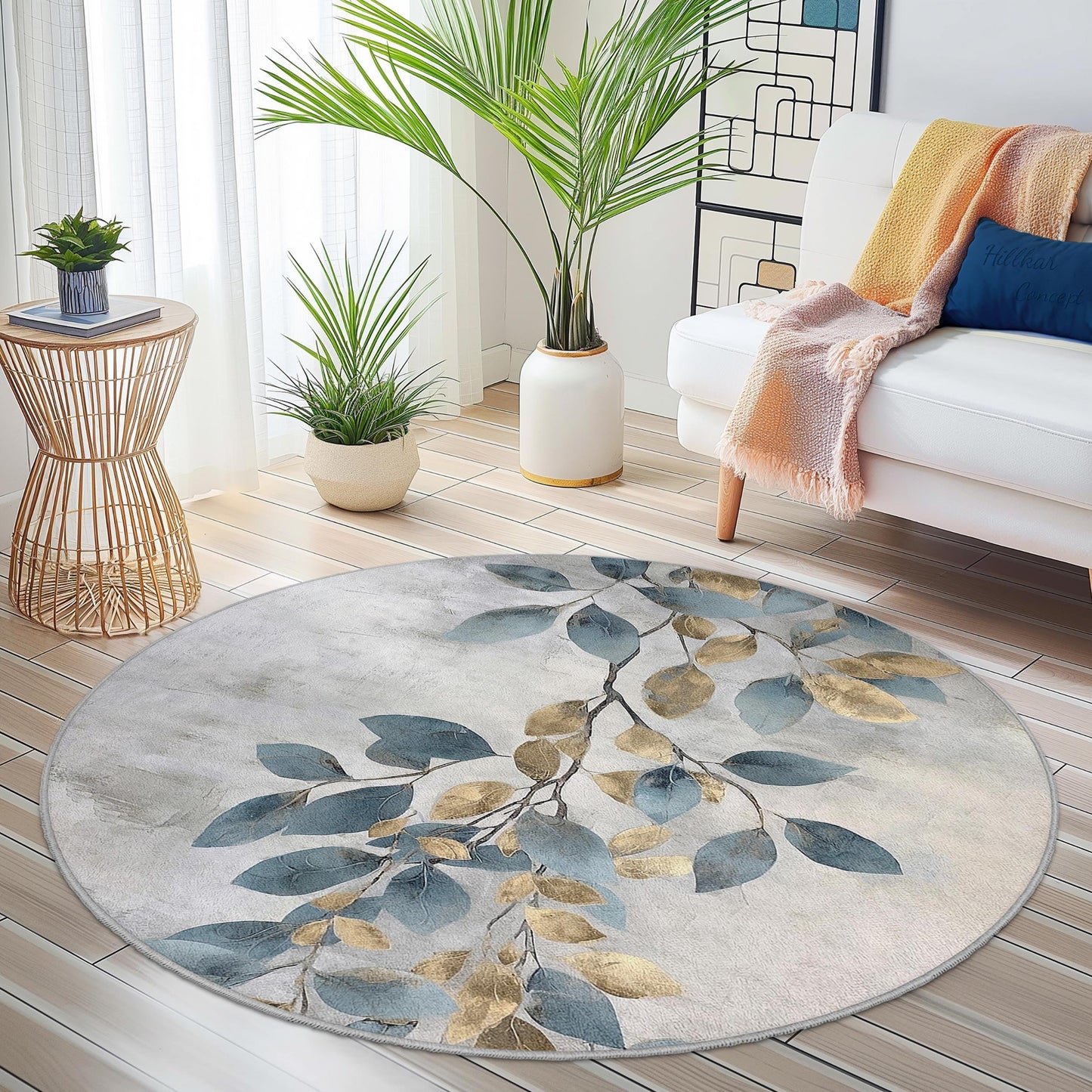 Eleganter runder Teppich mit Blattmuster, floraler runder Teppich, weicher Wohnzimmerteppich, moderne Wohndekoration, von der Natur inspirierter runder Teppich