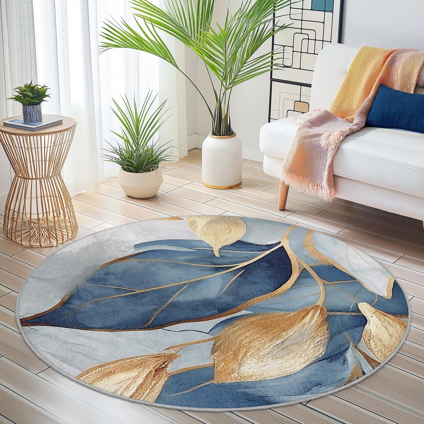 Eleganter runder Teppich mit blauen und goldenen Blättern, moderner runder Teppich mit Blumenmuster, stilvolle Wohndekoration, Wohnzimmerteppich, Schlafzimmerteppich