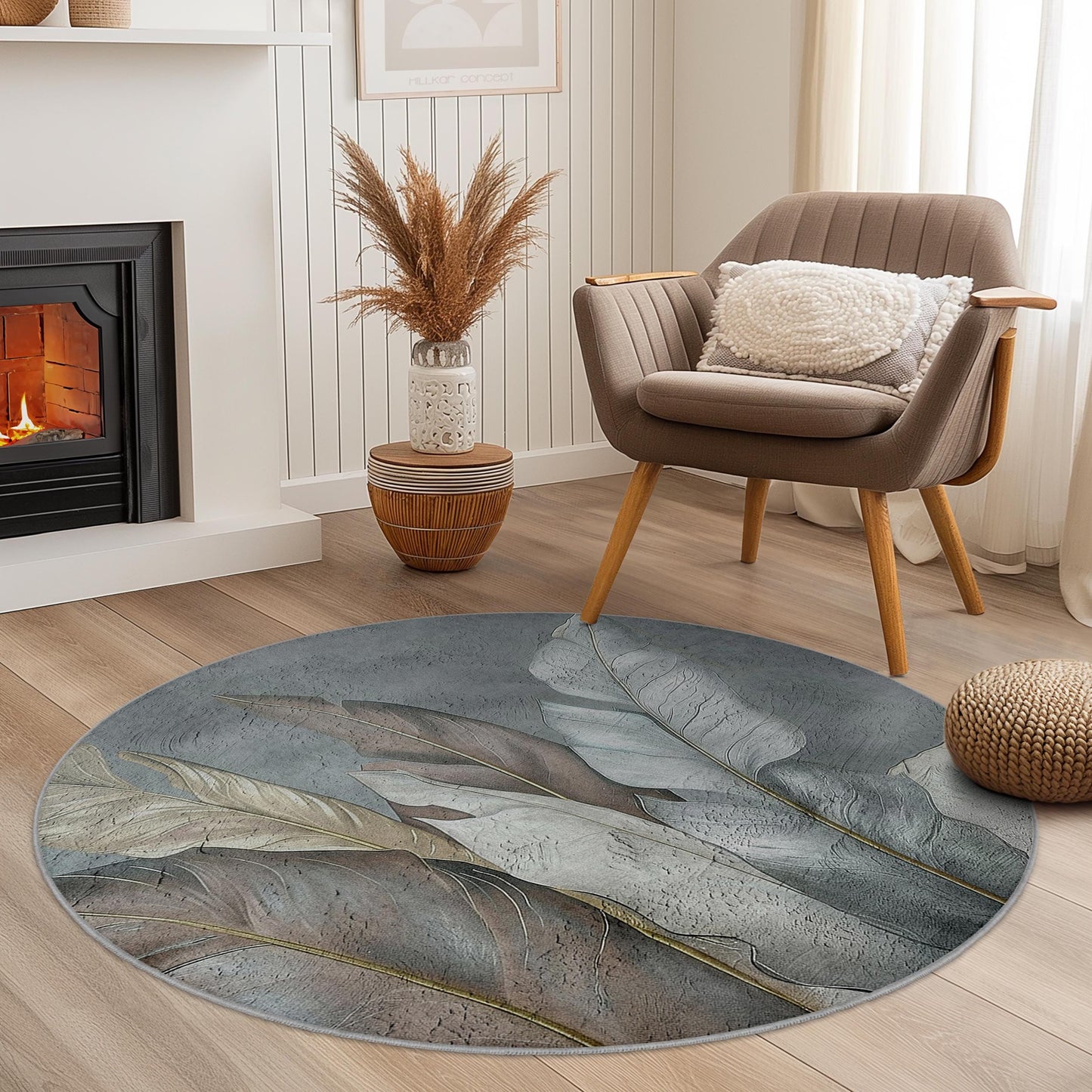 Eleganter runder Teppich mit Blattmuster, moderner runder Teppich, botanische Dekoration für Zuhause, weicher runder Teppich fürs Wohnzimmer, schicke runde Matte