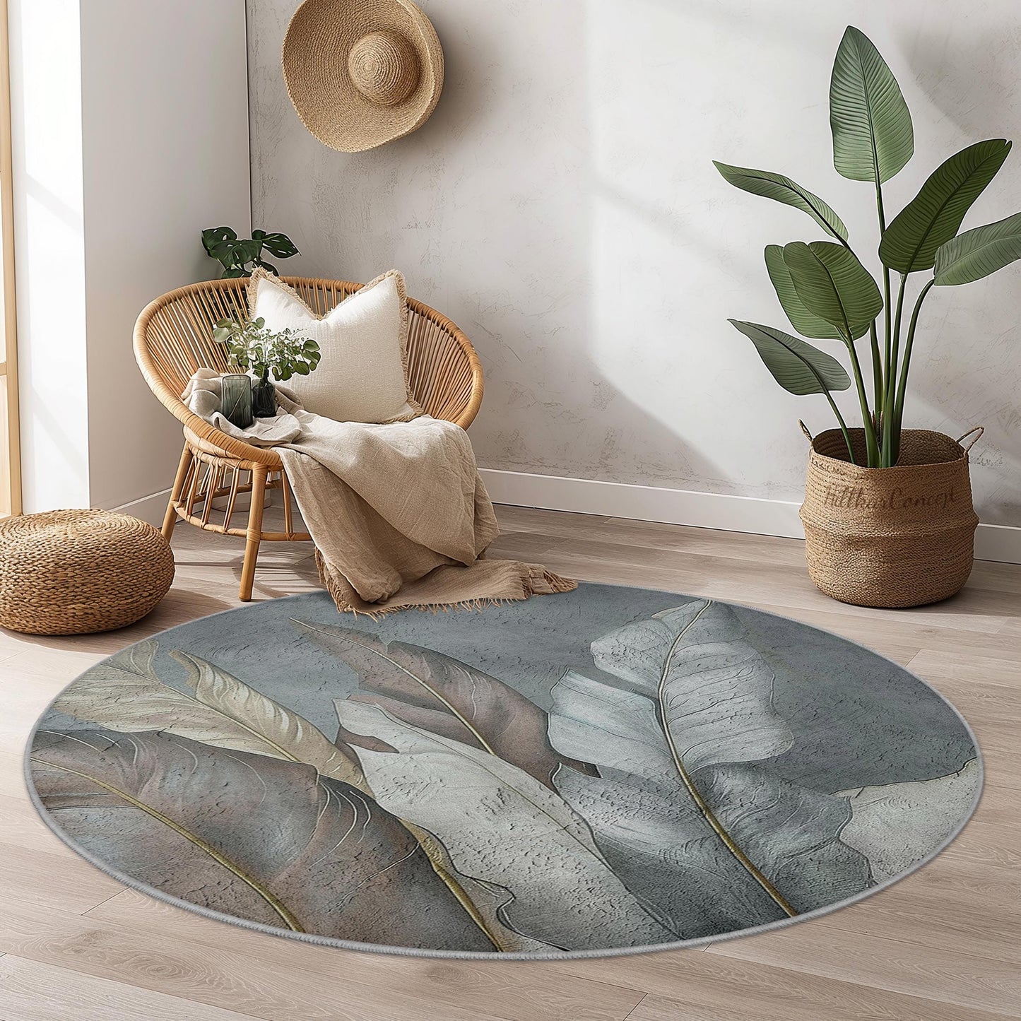 Eleganter runder Teppich mit Blattmuster, moderner runder Teppich, botanische Dekoration für Zuhause, weicher runder Teppich fürs Wohnzimmer, schicke runde Matte