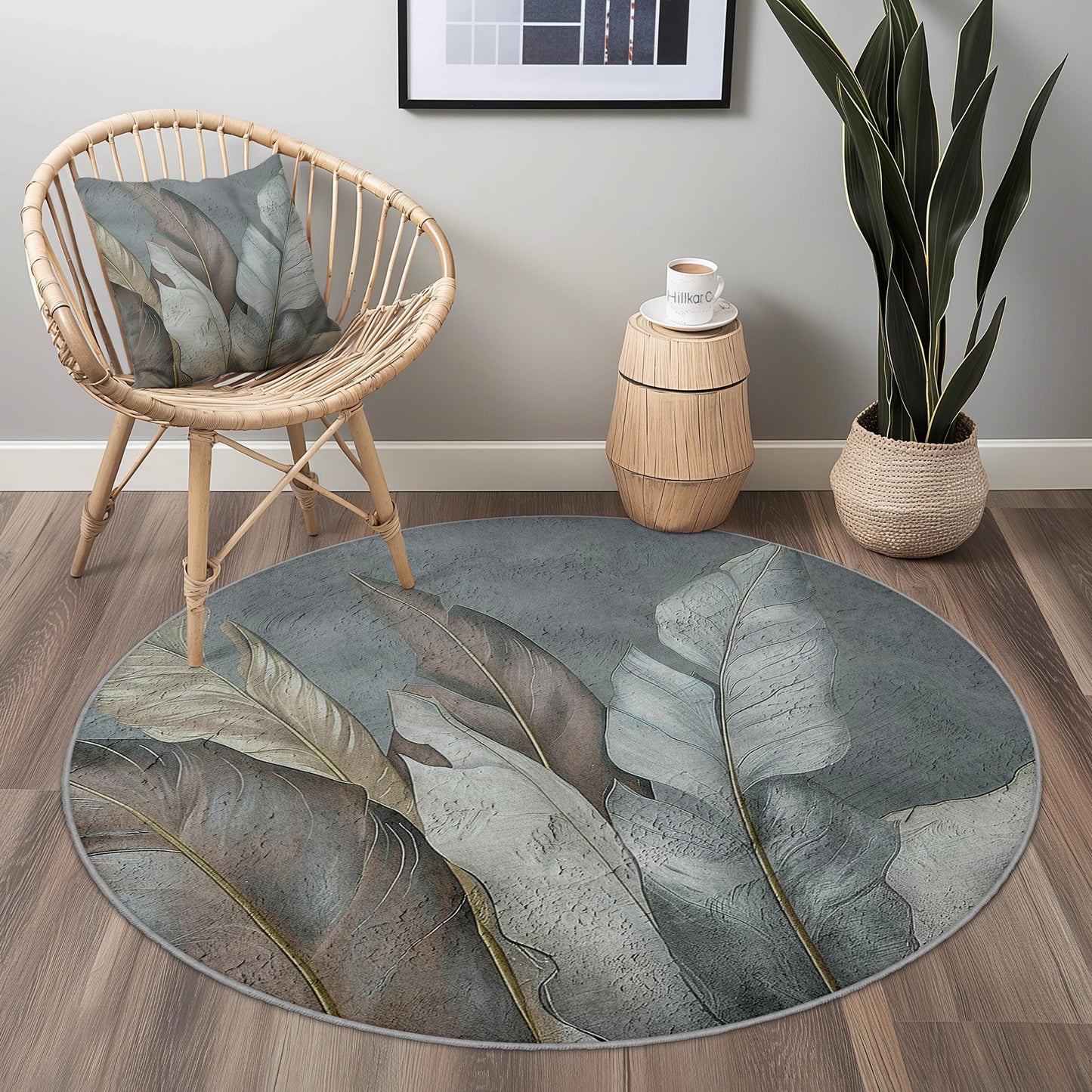 Eleganter runder Teppich mit Blattmuster, moderner runder Teppich, botanische Dekoration für Zuhause, weicher runder Teppich fürs Wohnzimmer, schicke runde Matte