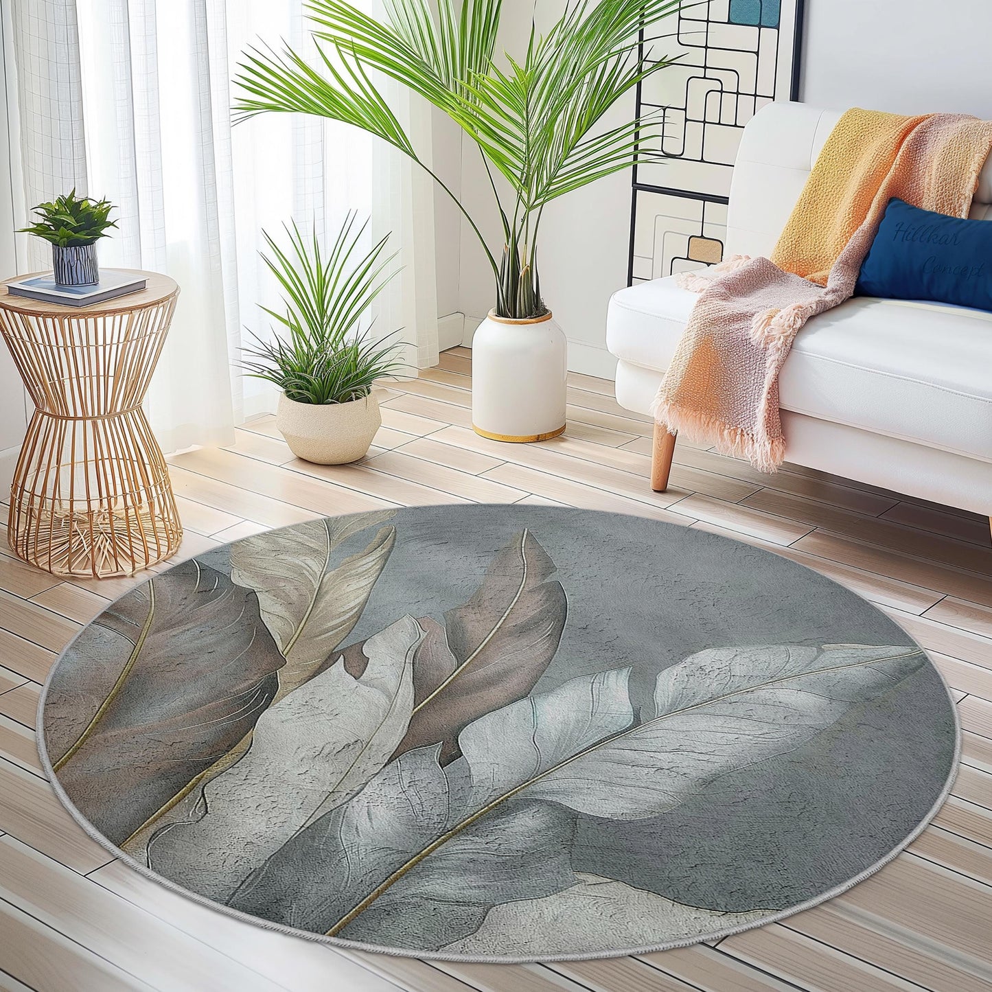 Eleganter runder Teppich mit Blattmuster, moderner runder Teppich, botanische Dekoration für Zuhause, weicher runder Teppich fürs Wohnzimmer, schicke runde Matte
