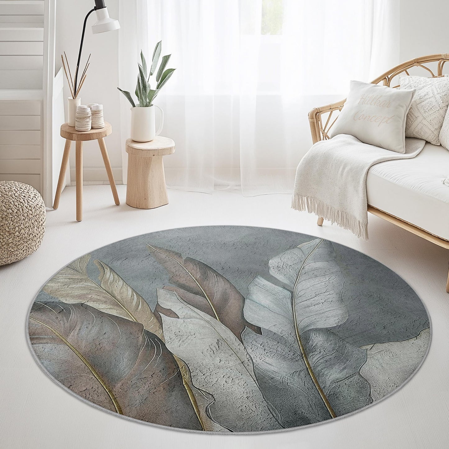 Elegant Round Leaf Design Area Rug, Modern Round Carpet, Botanical Decor for Home, Soft Round Rug for Living Room, Chic Round Mat