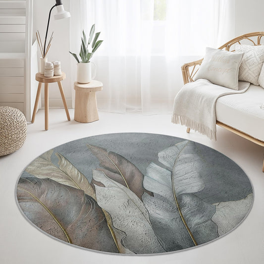 Elegant Round Leaf Design Area Rug, Modern Round Carpet, Botanical Decor for Home, Soft Round Rug for Living Room, Chic Round Mat